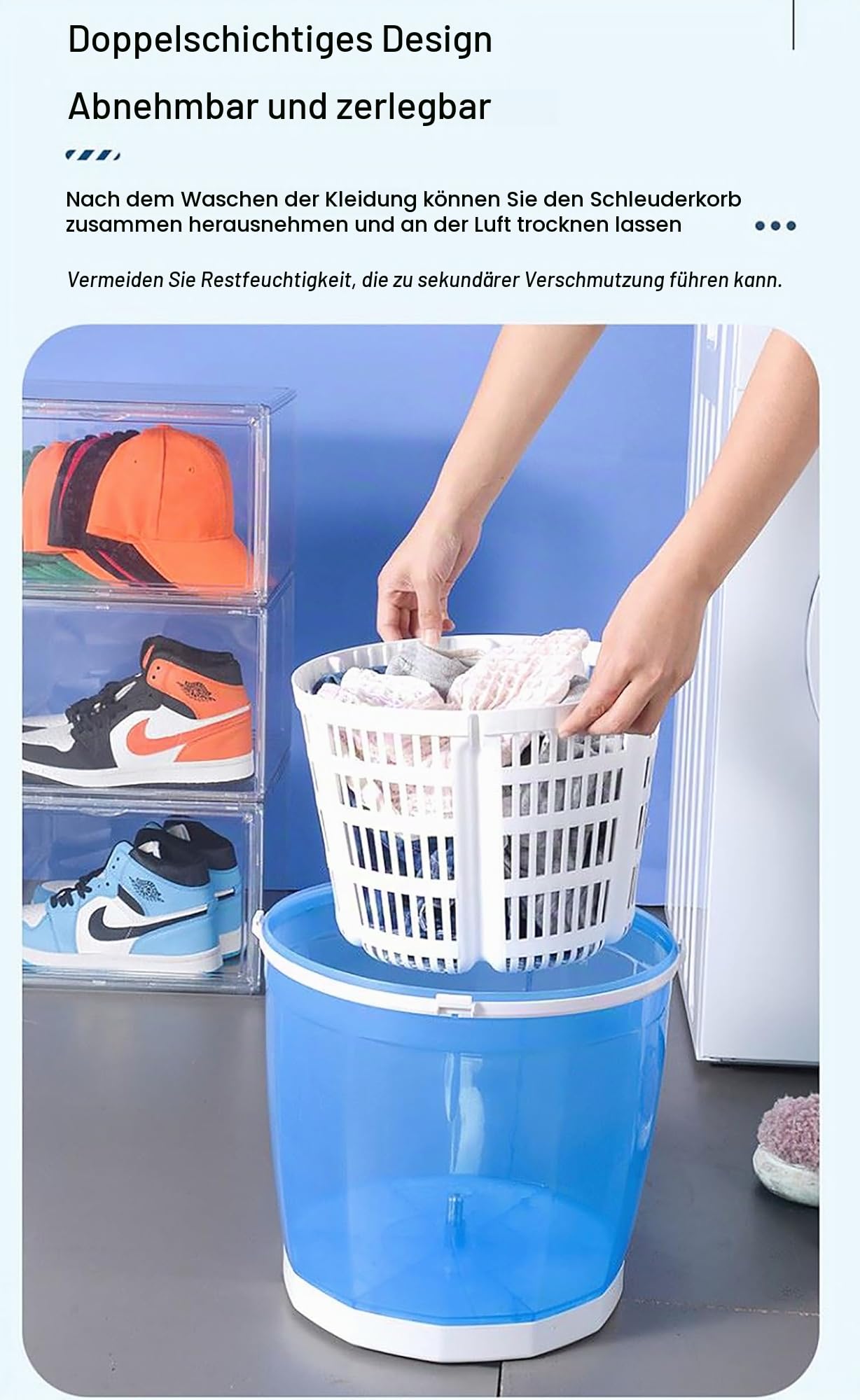 Tragbarer Handkurbel-Wäscheschleudereimer, nicht-elektrische Waschmaschine und Schleudertrockner, Mini-Handkurbel, Wäschetrockner für Schlafsaal, Wohnung, Wohnmobil (blau)