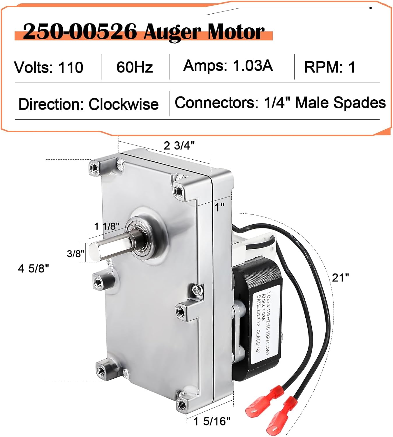 Hiorucet 250-00526, 90-0191 Auger Motor for Avalon Astoria Bay PS & PI, Newport Bay, 900, AGP, Arbor, Avanti, Lopi Yankee Bay, Yankee, Pioneer Bay, FoxFire 400, Heritage Bay, Leyden Pellet Stove Parts