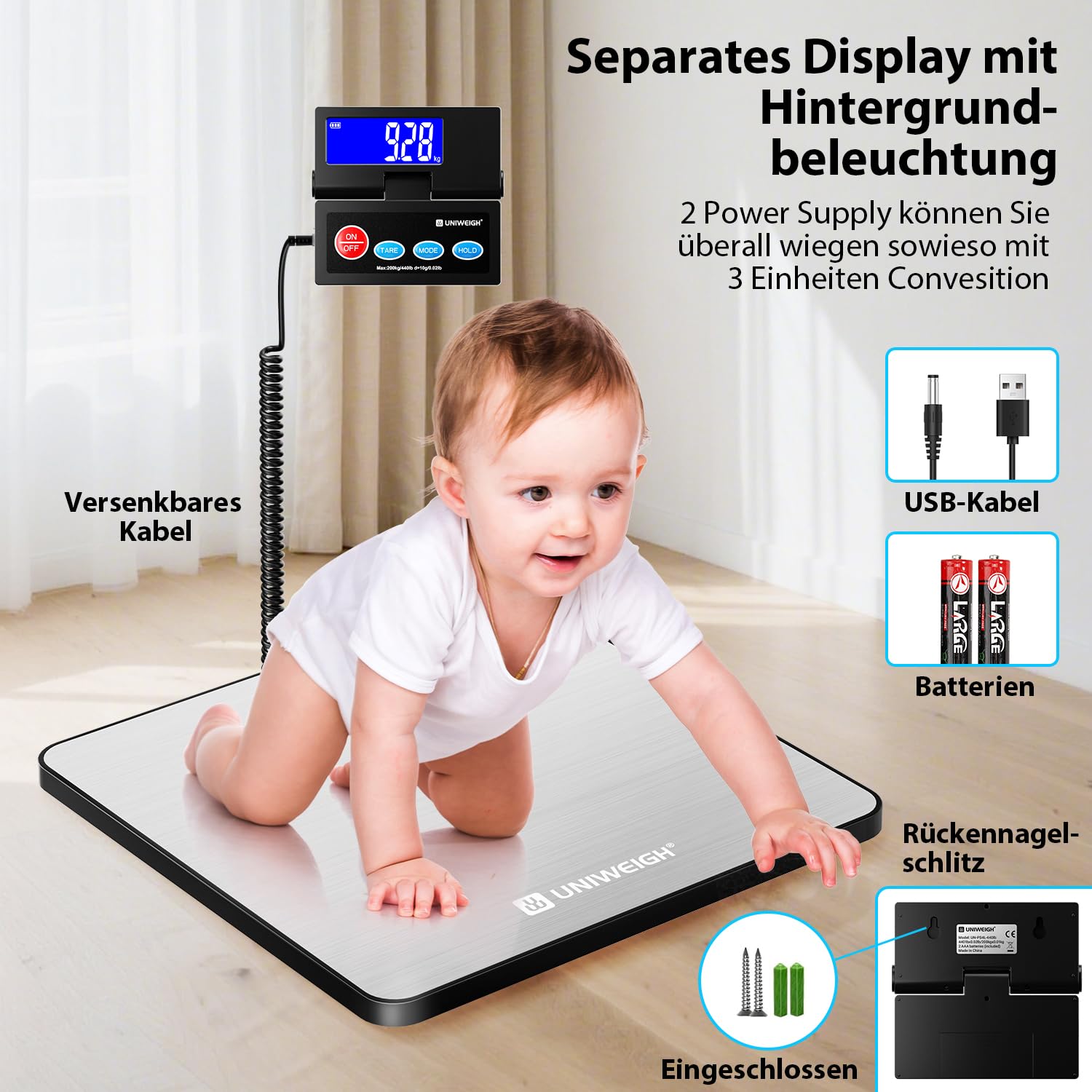 UNIWEIGH Versand-Postwaage, 440lb/10g Genauigkeit kommerzielle Gewichtswaage mit langlebigen Edelstahl große Plattform, Heavy Duty Postwaage für Paket,Gepäck,Post,Lagerhaus,kleine Unternehmen,Haus