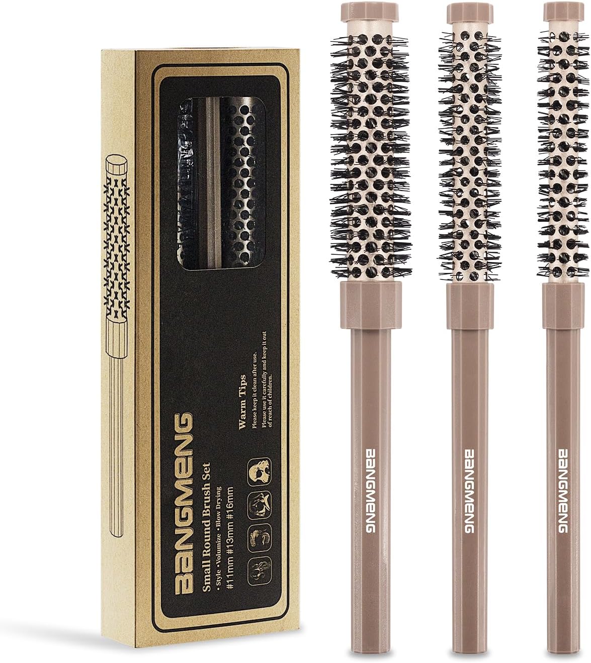 BANGMENG 3 Pieces Small Round Brush Set, 3/7 1/2 5/8 Inch Barrel HairBrush for Blow Drying, Soft Bristles Style Volumize Hair Brush for Women Men Short Hair, Bangs, Roots, Curling, Straight