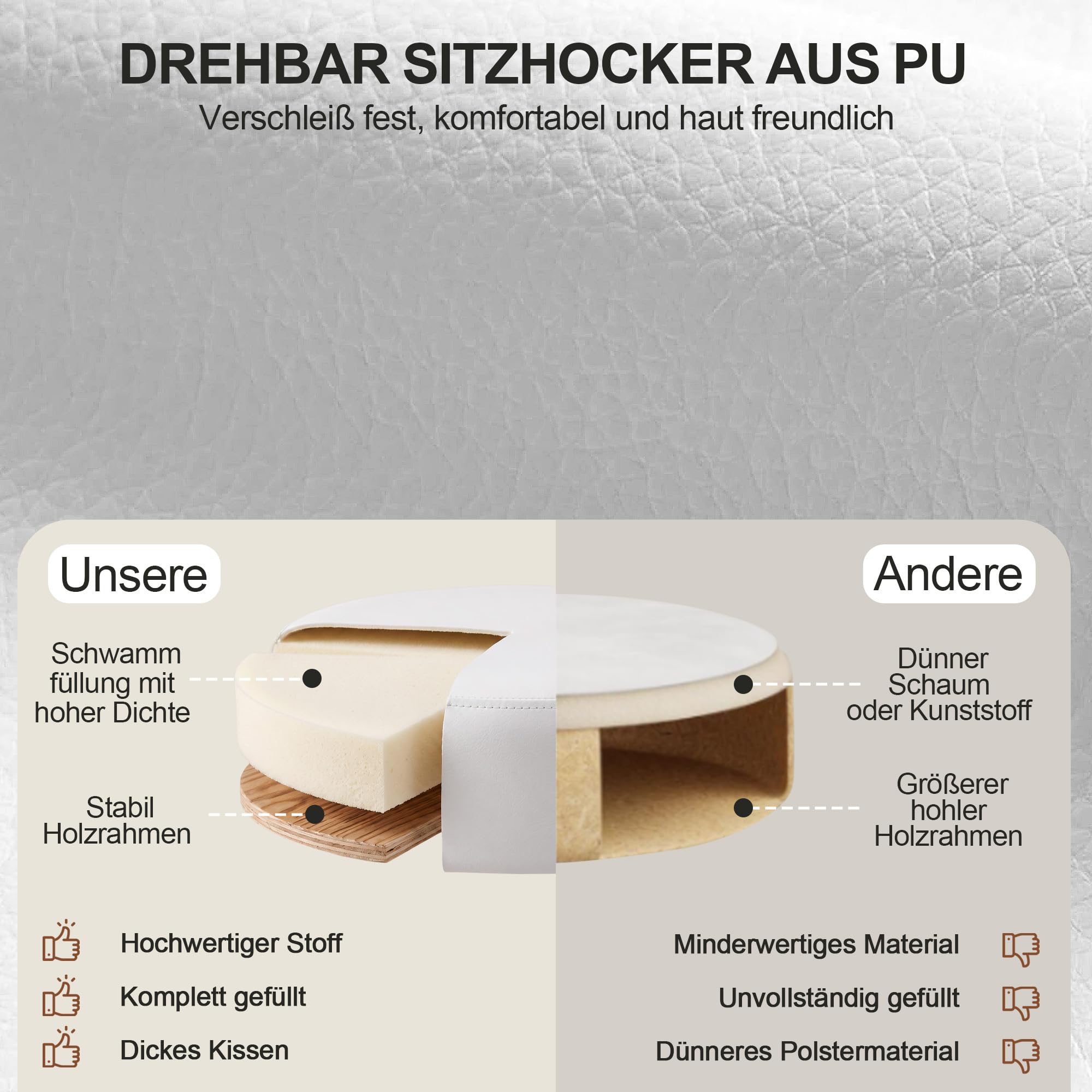 Duhome Drehhocker Höhenverstellbar Barhocker Rund Schminktisch Hocker Weiß Sitzhocker Drehbar Bürohocker für Schlafzimmer Küche