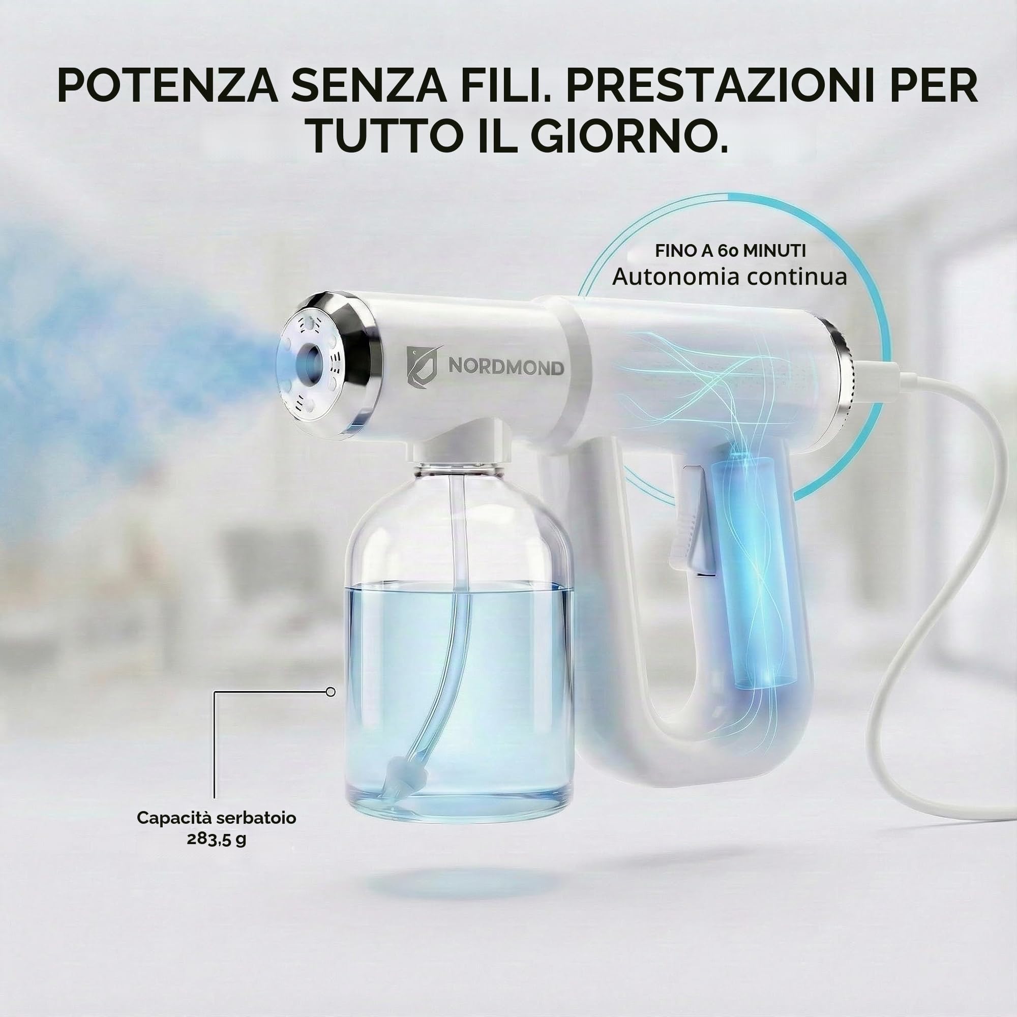 La Macchina Originale per Nebulizzazione Disinfettante - Spruzzatore Professionale per Sanitizzazione - Atomizzatore ULV e Pistola a Vapore Nano – Pistola da Barbiere Ricaricabile con Luce Blu V2