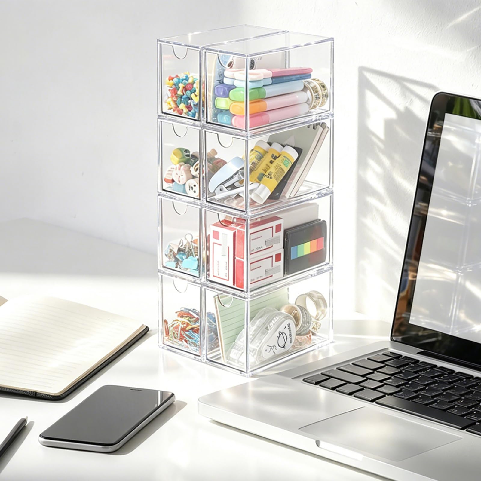 ELLDOO Organiseur de sachets de thé à 8 tiroirs, en acrylique transparent empilable, support de rangement pour sachets de thé de cuisine, garde-manger, rangement pour dosettes de café, collations pour