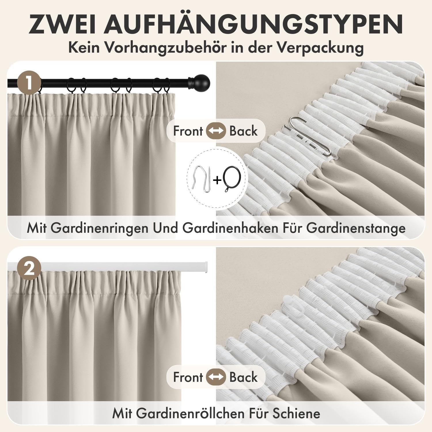 EMEMA Cortinas opacas con cinta fruncidora gris y beige opacas, 260 cm de largo, cortinas térmicas opacas para riel, cortinas para salón o dormitorio, cada uno de alto 260 x ancho 140 cm