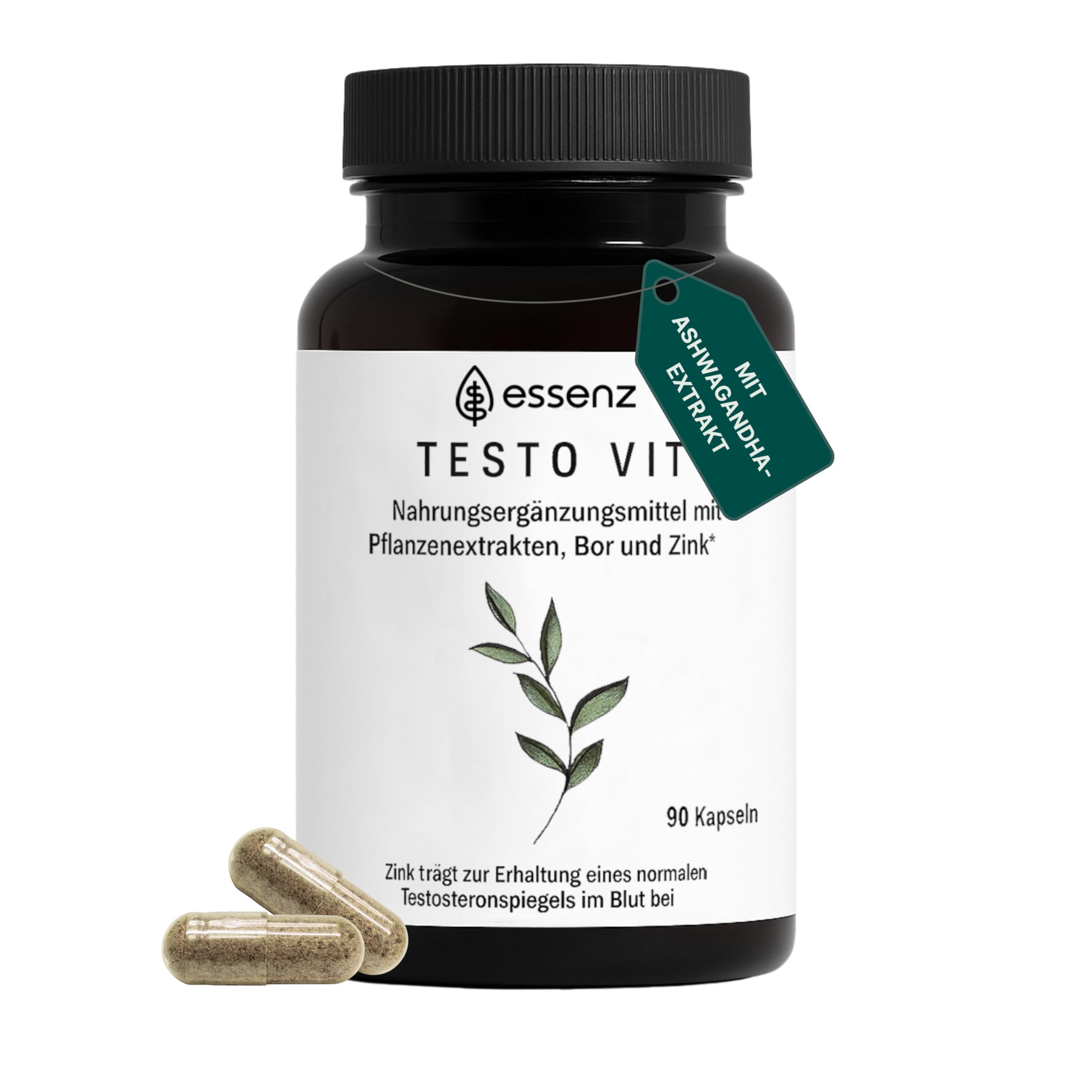 ESSENZ - Testo Vit 90 Kapseln - Natürliche Testo Vit Kapseln mit Ashwagandha-, Bockshornkleesamen- & Schwarzes Maca-Extrakt. Zur Förderung des Wohlbefindens