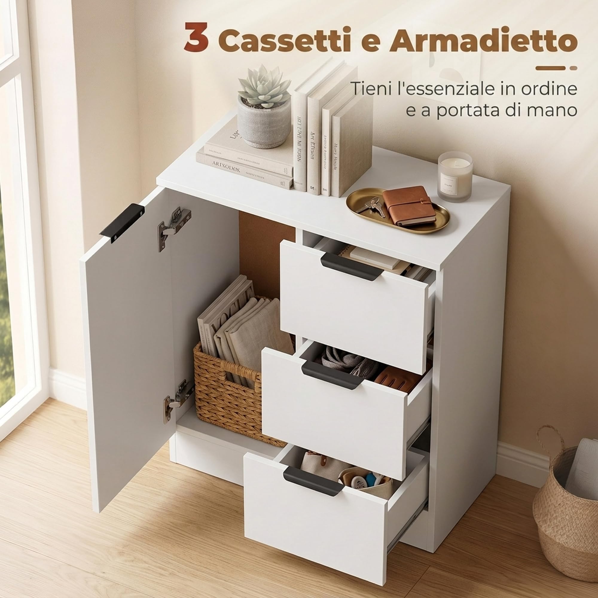 HOMCOM Buffet de Salon étroit, Meuble de Rangement avec 3 tiroirs et Porte à Fermeture en Douceur, Blanc