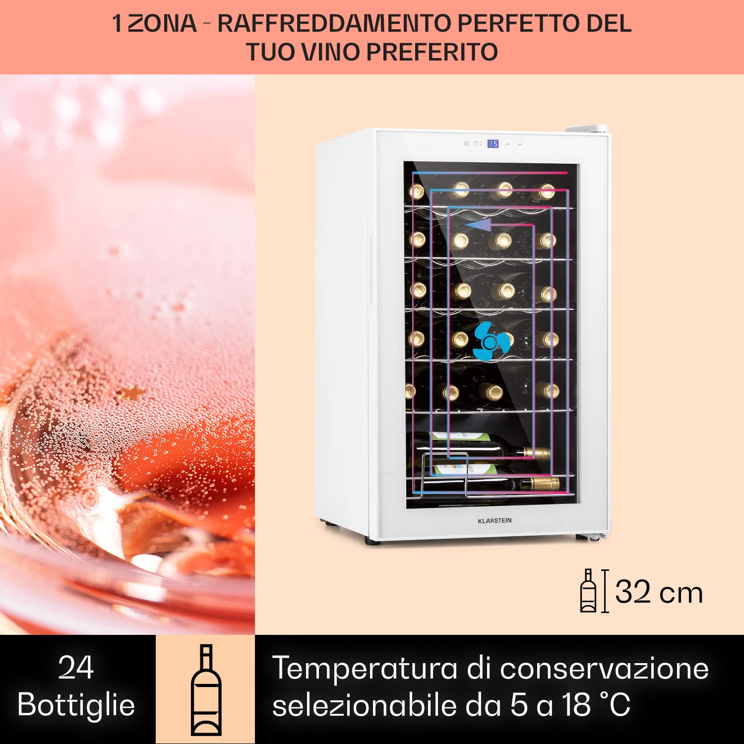 KLARSTEIN Cantinetta Vino Design, Cantinetta Vino Refrigerata a Zona Singola per Vino Rosso, Bianco e Birra, Controlli Touch, Frigo Vino Cantinetta per Esterno/Interno, 5-18°C, 63L, 24 Bottiglie