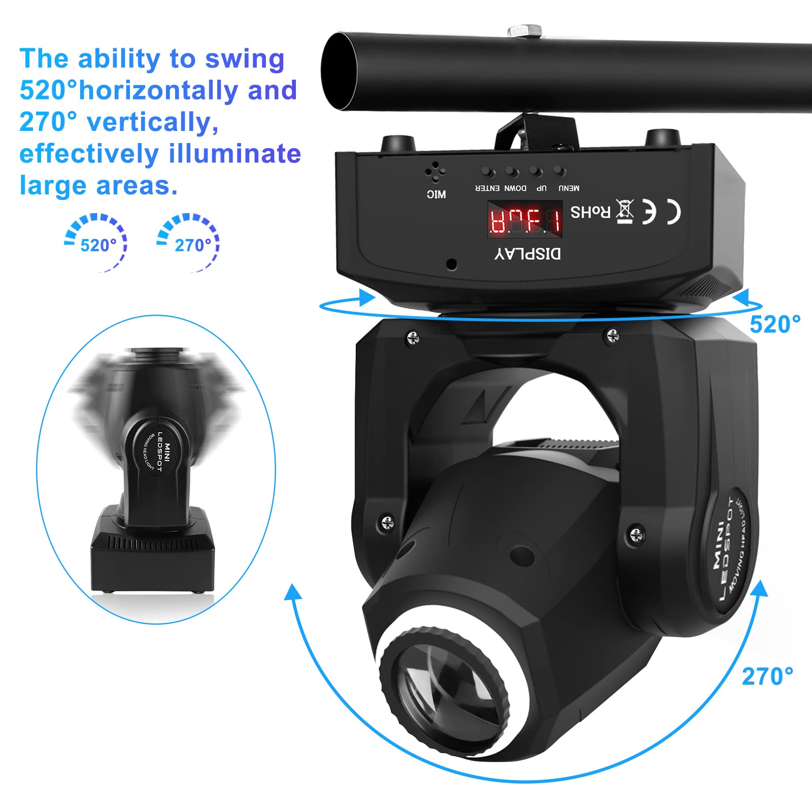 UKing 50W Testa Mobile LED,Luci Discoteca con 8 Pattern 8 Colori,10/12 Canali,LED Luce di Scena per Bar Club Show