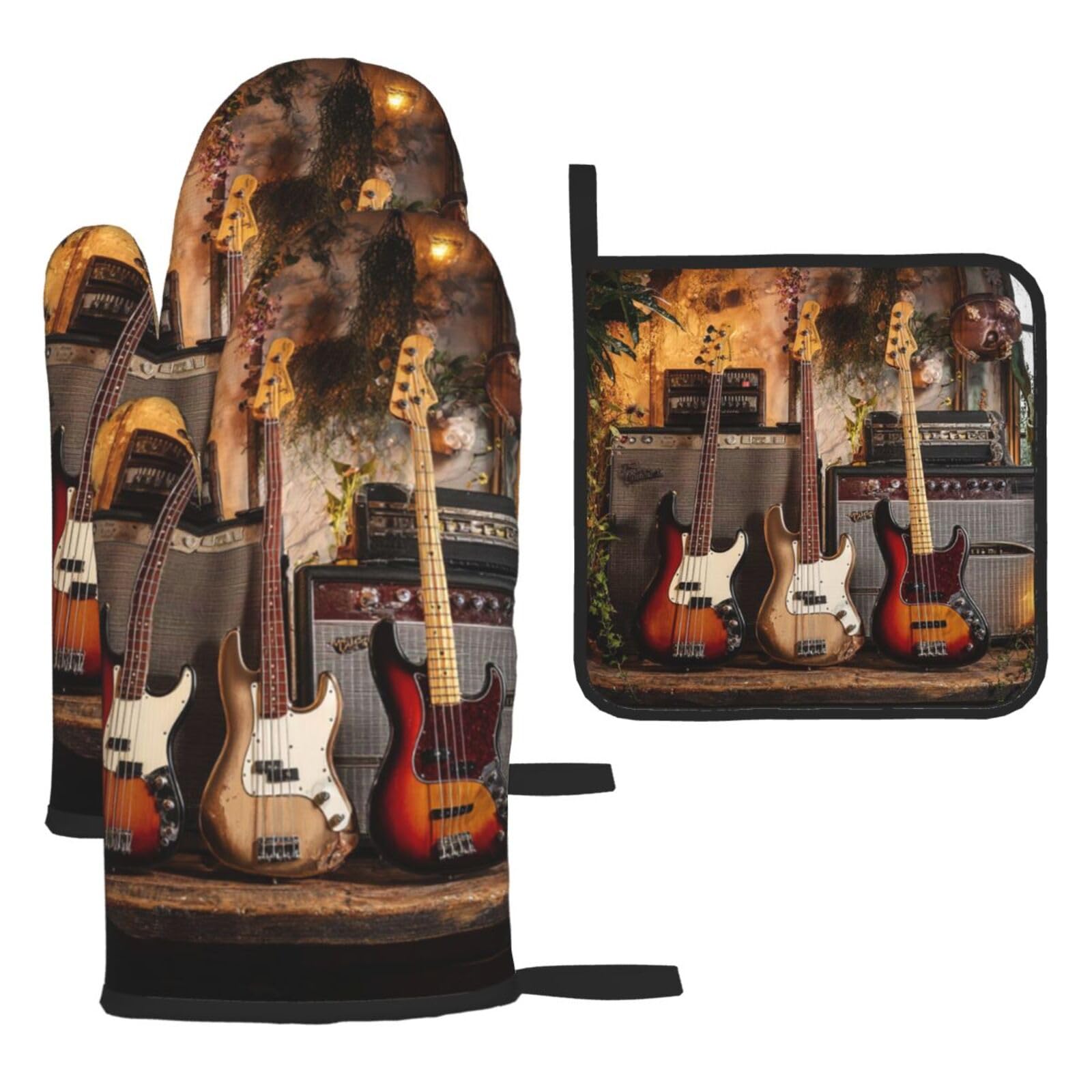 Oven Mitts and Pot Holders Sets of 3 Heat Resistant Kitchen Gloves Guitar Bass Music Musical Instruments Oven Mitts BBQ Gloves Oven Gloves and Hot Pads Non-Slip Potholders for Kitchen Baking Cooking