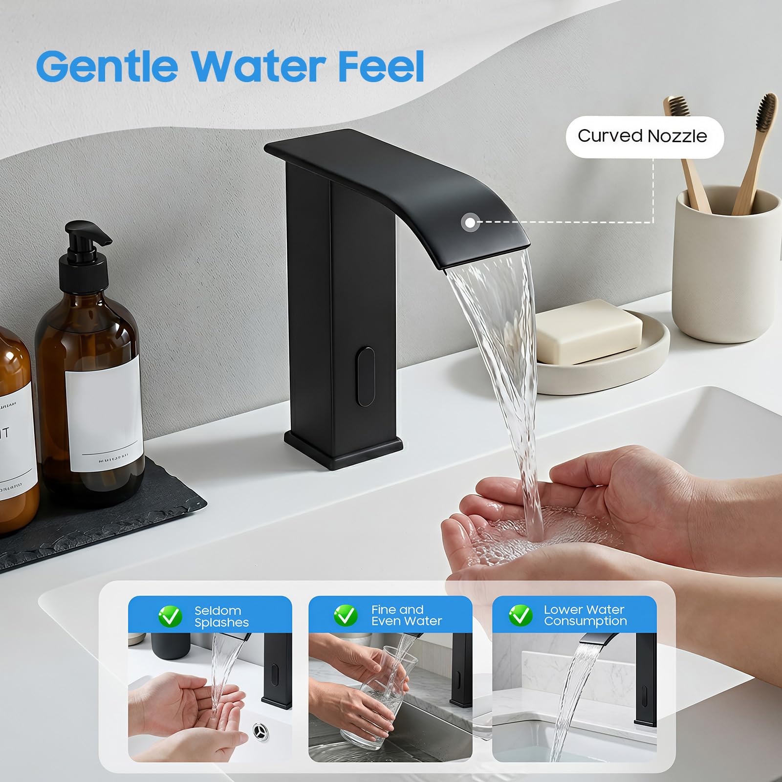 Miscelatore per lavandino da bagno con cascata acqua calda/fredda, rubinetto con sensore a infrarossi e regolazione della temperatura per lavandini da bagno e cucina (nero)