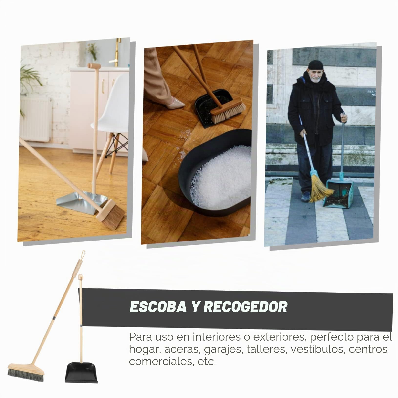 Healeved Juego de Escoba y Recogedor Diseño Ergonómico Resistente al Desgaste Mango Largo de Madera y Acero Inoxidable Adecuado para Centros Comerciales y Vestíbulos