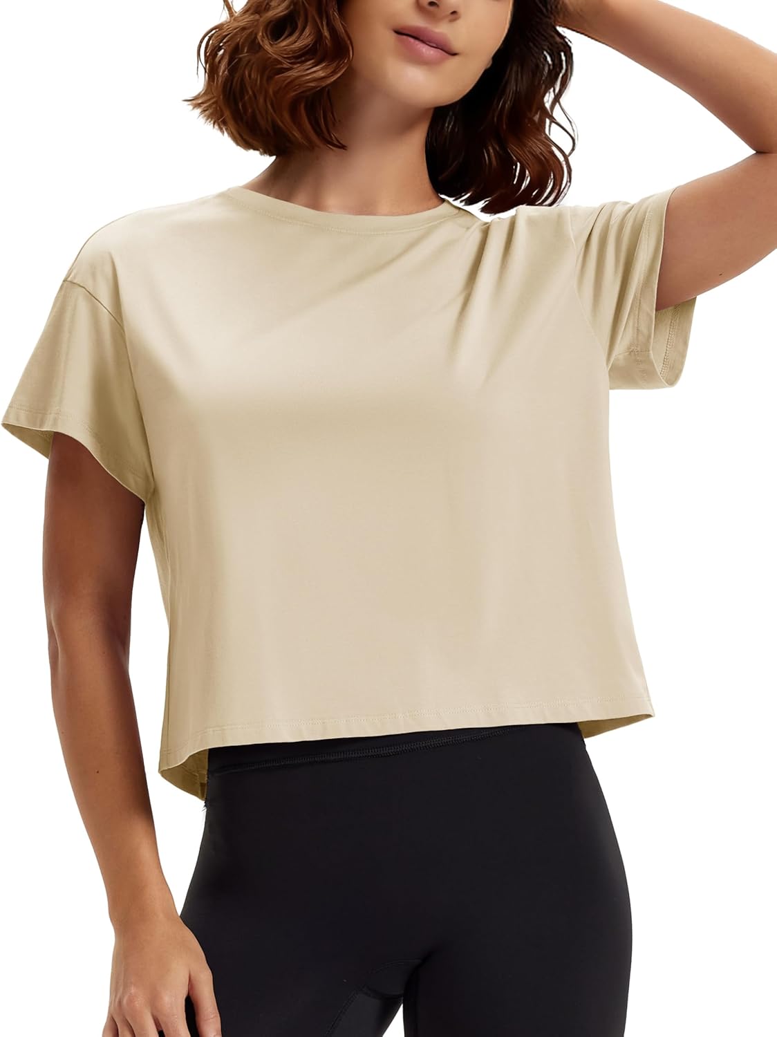 MAGCOMSEN Workout Crop Tops for Women Short Sleeve Cotton Athletic Yoga Top Loose Casual Crewneck Cropped T Shirts