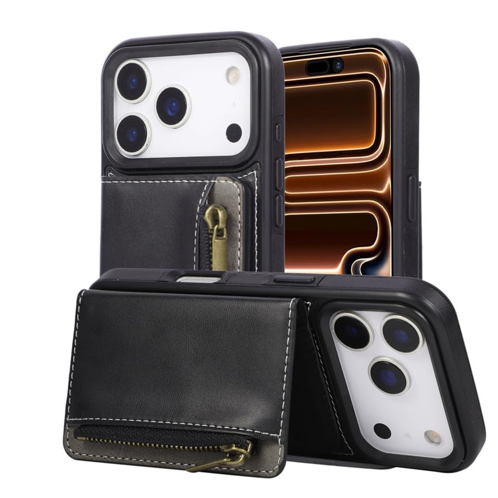 Etui na iPhone'a 17 Pro Max/17 Pro/17 Air/17, obudowa ze skóry PU z wkładaną kartą na nadgarstek (czarne, 17 Air)