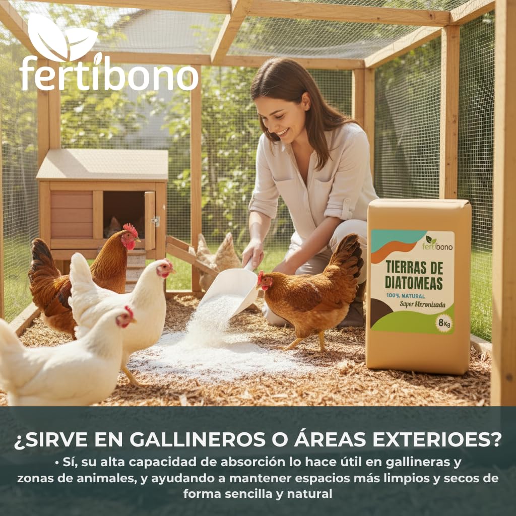 FERTIBONO Tierra de diatomeas 8 kg · Super micronizada · Multiusos para jardín, plantas y gallineros · Polvo natural fácil de aplicar