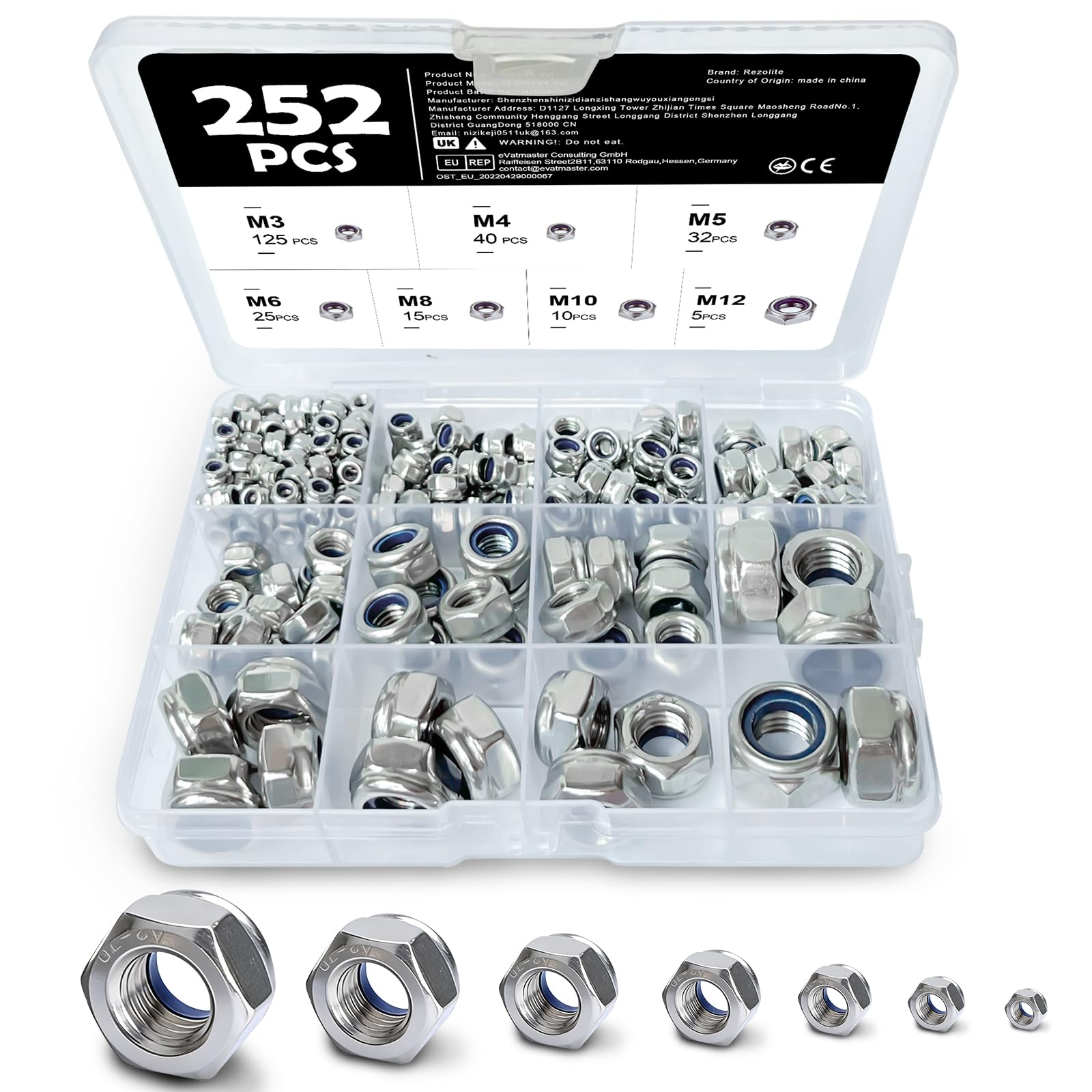 252 PCS Locknuts Assortment Kit, 7-Size (M3 M4 M5 M6 M8 M10 M12) Nylock Nuts Complete Set, Assorted Nylon Insert Locking Hex Nuts for Bolts, Screws & Maintenance