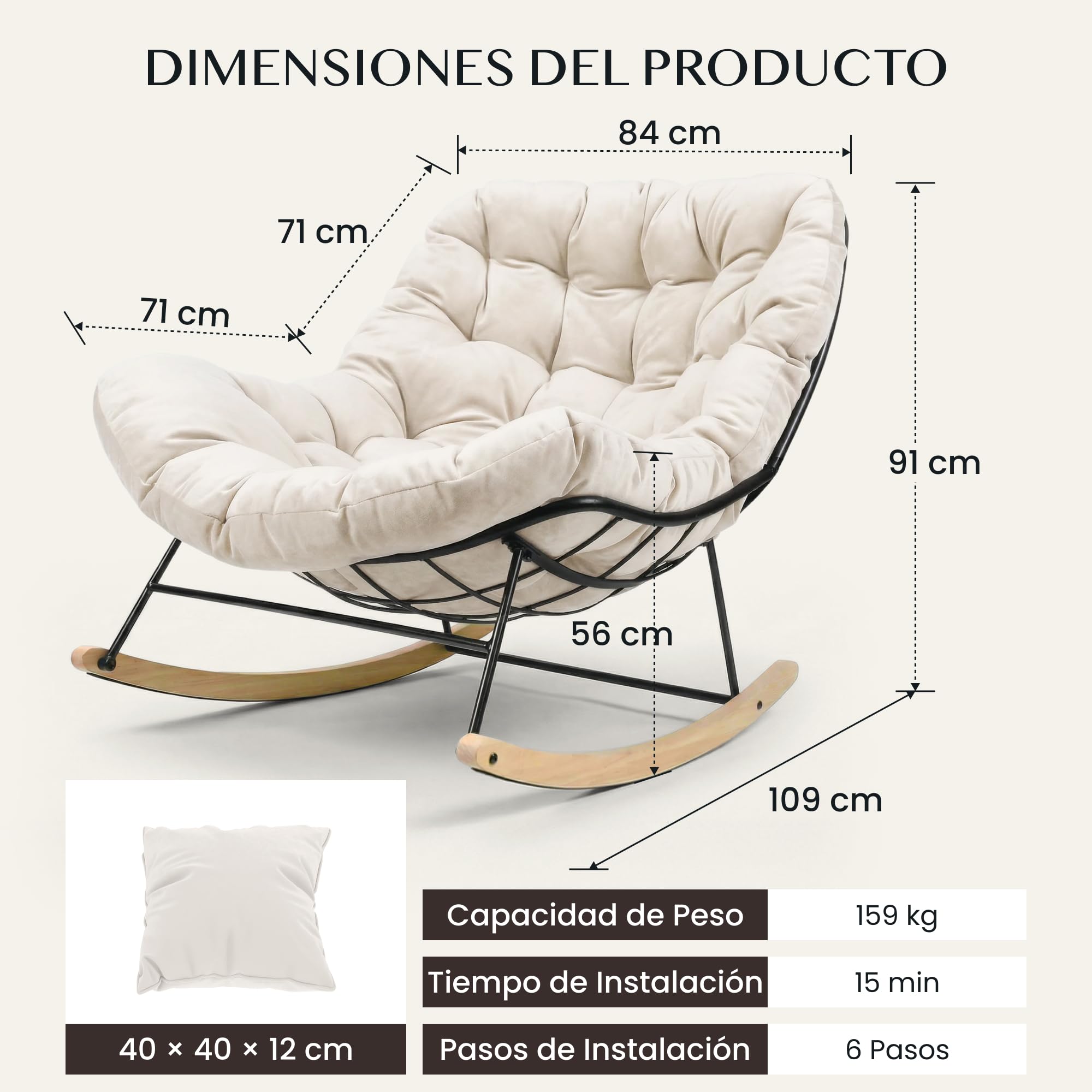 FLEXISPOT Sillón Mecedor XL, Silla de Lactancia Grande, Cojín Grueso Transpirable, Impermeable y Antidescolorante, Balanceo Suave, Estructura Metálica Estable, Salón, Dormitorio, Balcón, Jardín, Beige