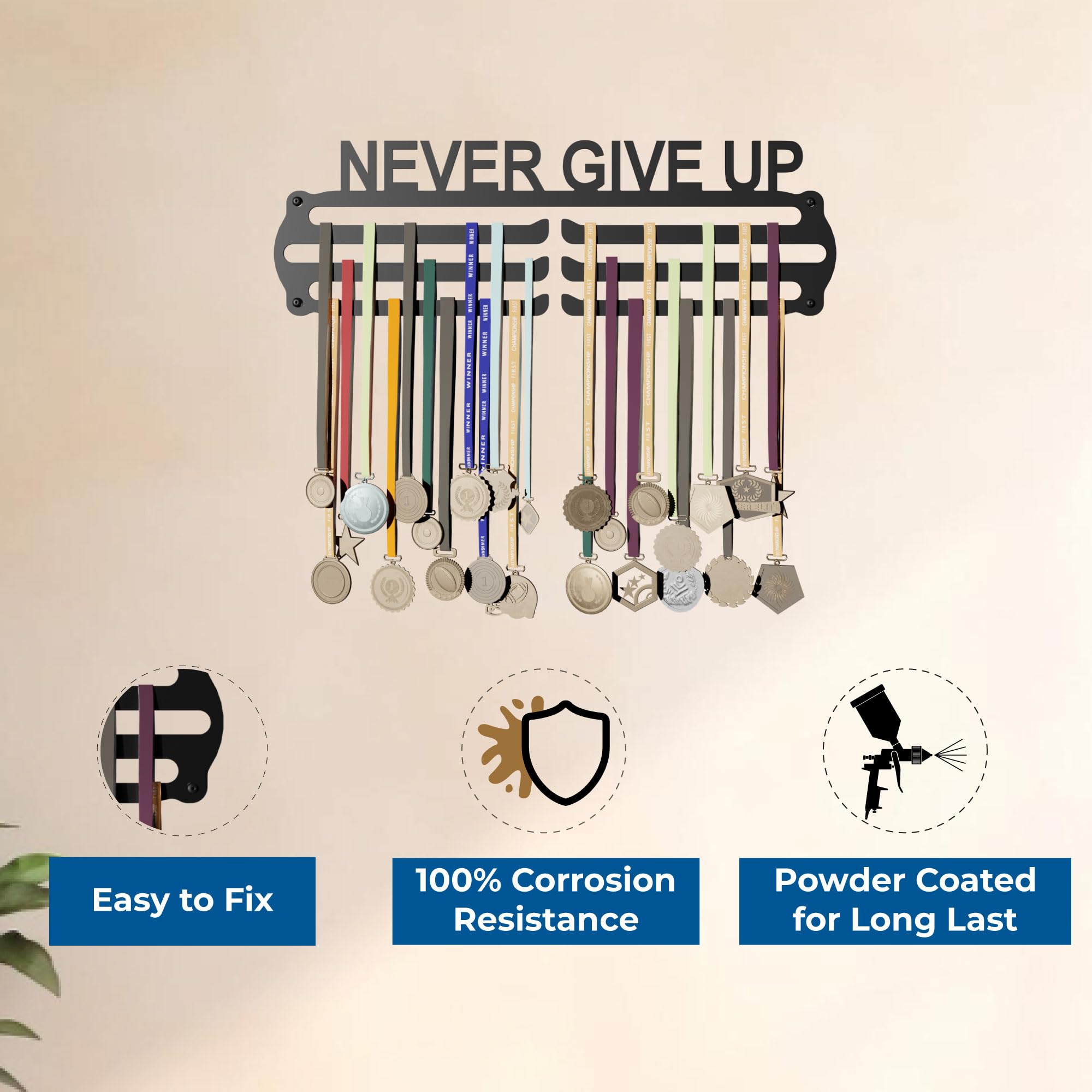 Glory Medal Hangers - Never Give Up Medal Holder - Metal Wall Display - Holds Up to 60 Medals - Black, Glossy Finish - Perfect for Kids and Athletes 3