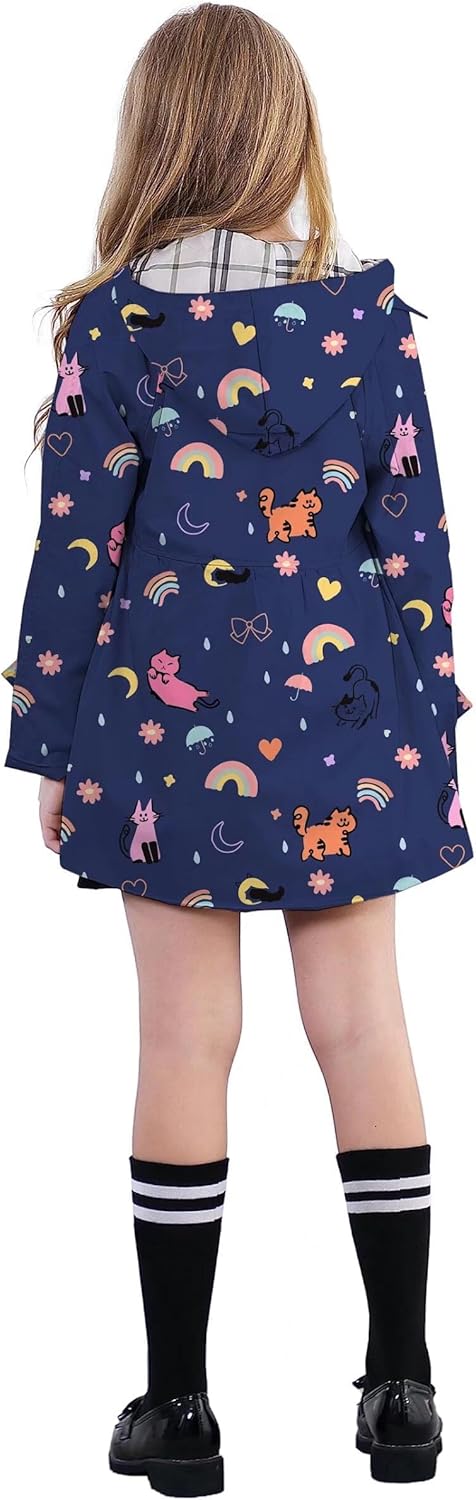 Betusline Girl's Hooded Rain Jackets Lightweight Print Waterproof Trench Coat Windbreaker Raincoats for Girls,2-14 Years
