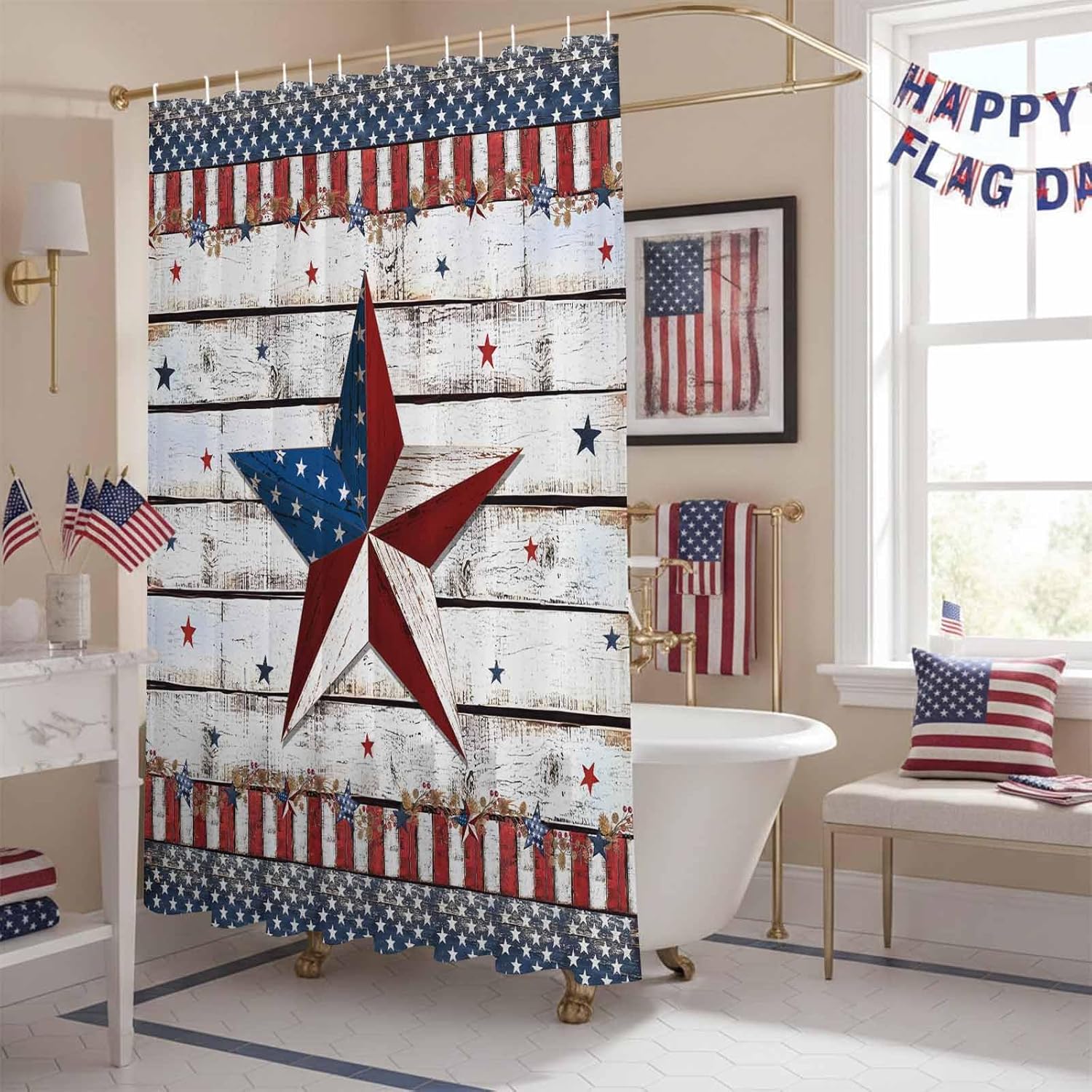 Vandarllin 4th of July Shower Curtain, Patriotic Star Stripes Shower Curtains Set with Hooks, Waterproof Fabric White Wood Grain Independence Day Bathroom Curtains Bathtub Decor, 60 X 72 Inch Long