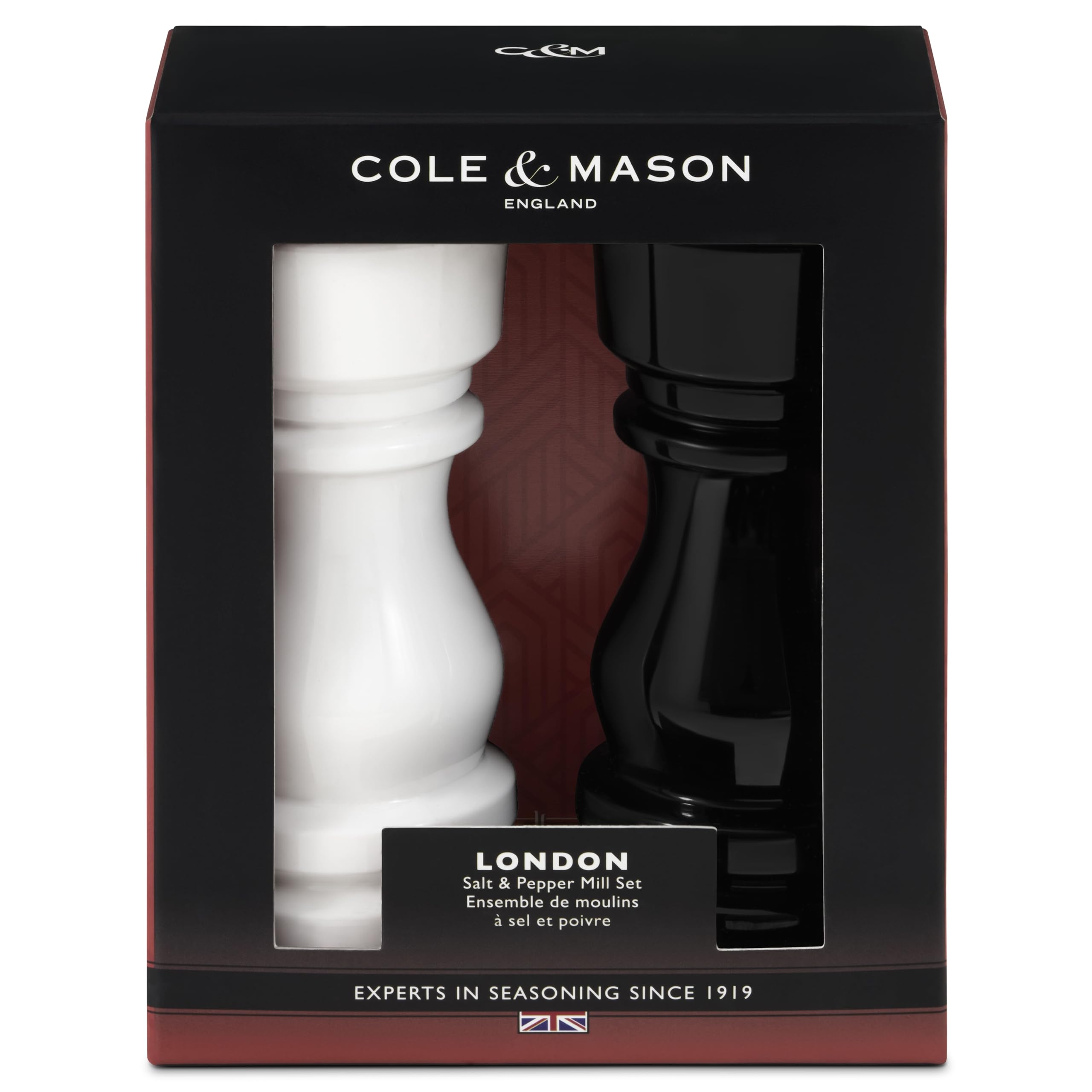 Cole & Mason Londyn czarno-biały akrylowy zestaw młynków do soli i pieprzu, regulowany mechanizm mielący, mechanizm ceramiczny, ręczny młynek do przypraw, trwały i wysokiej jakości, zestaw prezentowy