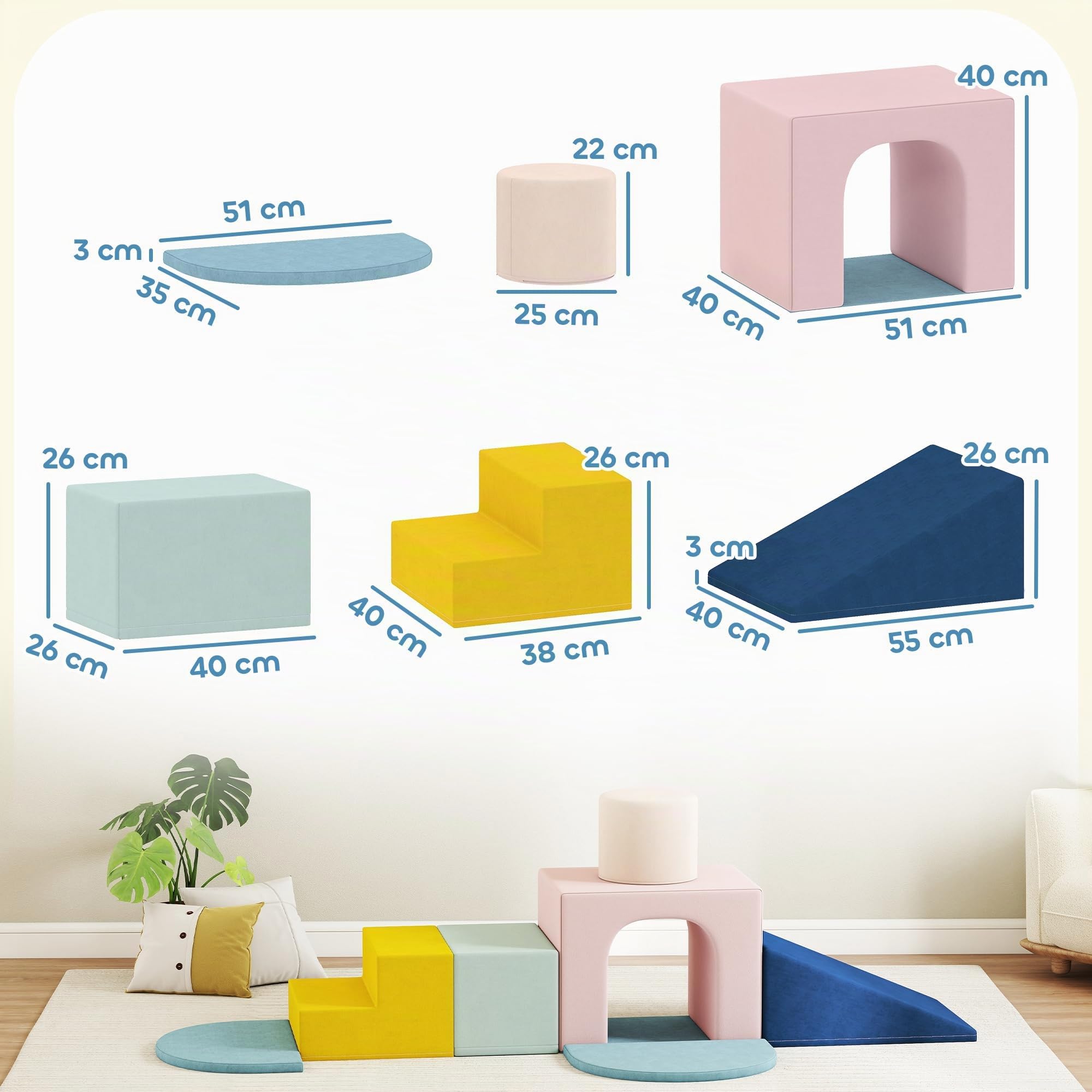 AIYAPLAY Parcours Motricité Bébé 8PCS Jouet d'escalade Mousse, Multicolore | Blocs de Construction, Housses en Velours Amovibles et Lavables, Jouets Éducatifs pour Enfants d'Âge Préscolaire