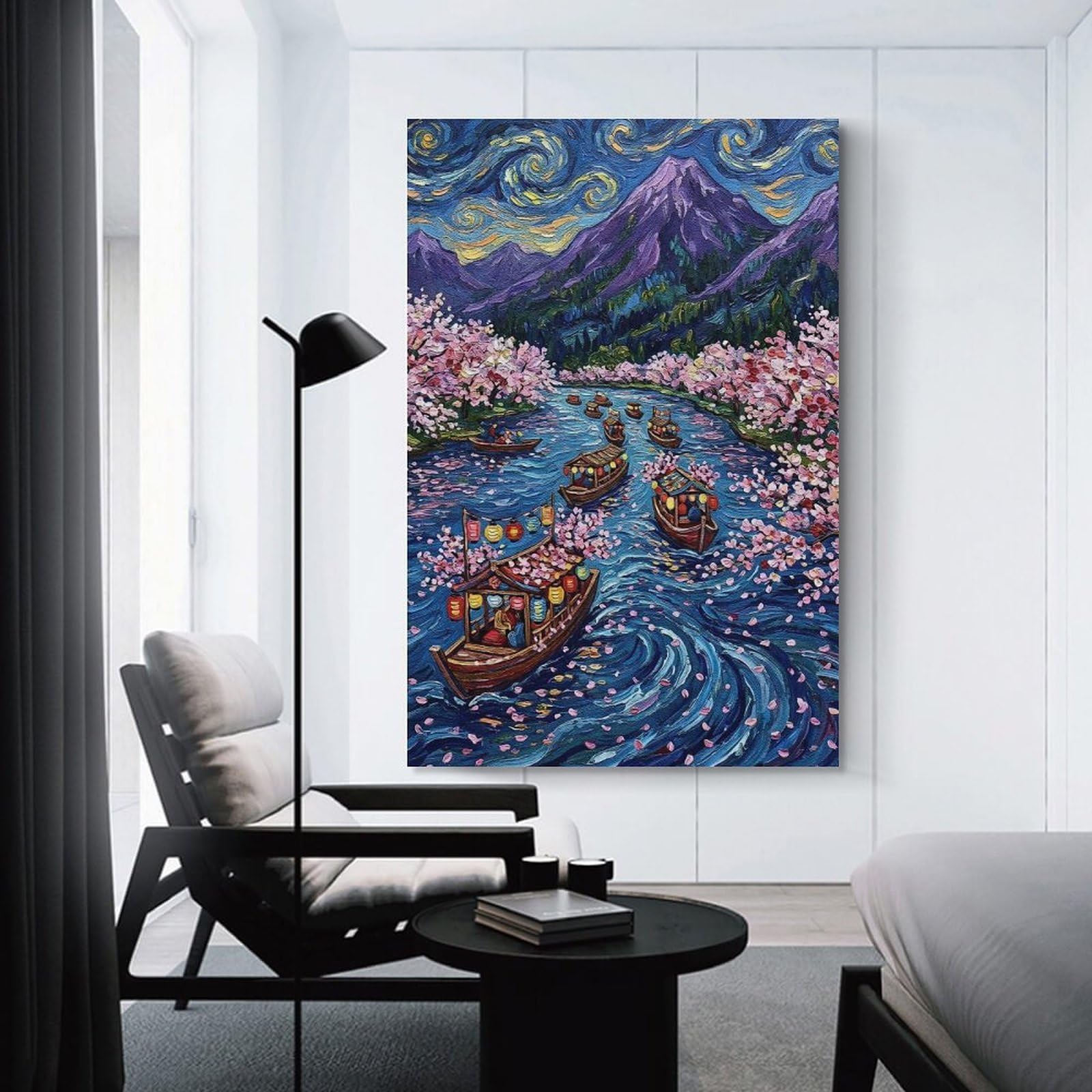 Junmoney Cherry Blossom River Boats Painting Home Decor Wall Art, 24x36inch(60x90cm), for Home Walls, Creative Rooms Or Shared Spaces, An Adaptable Decor Piece for Home Use