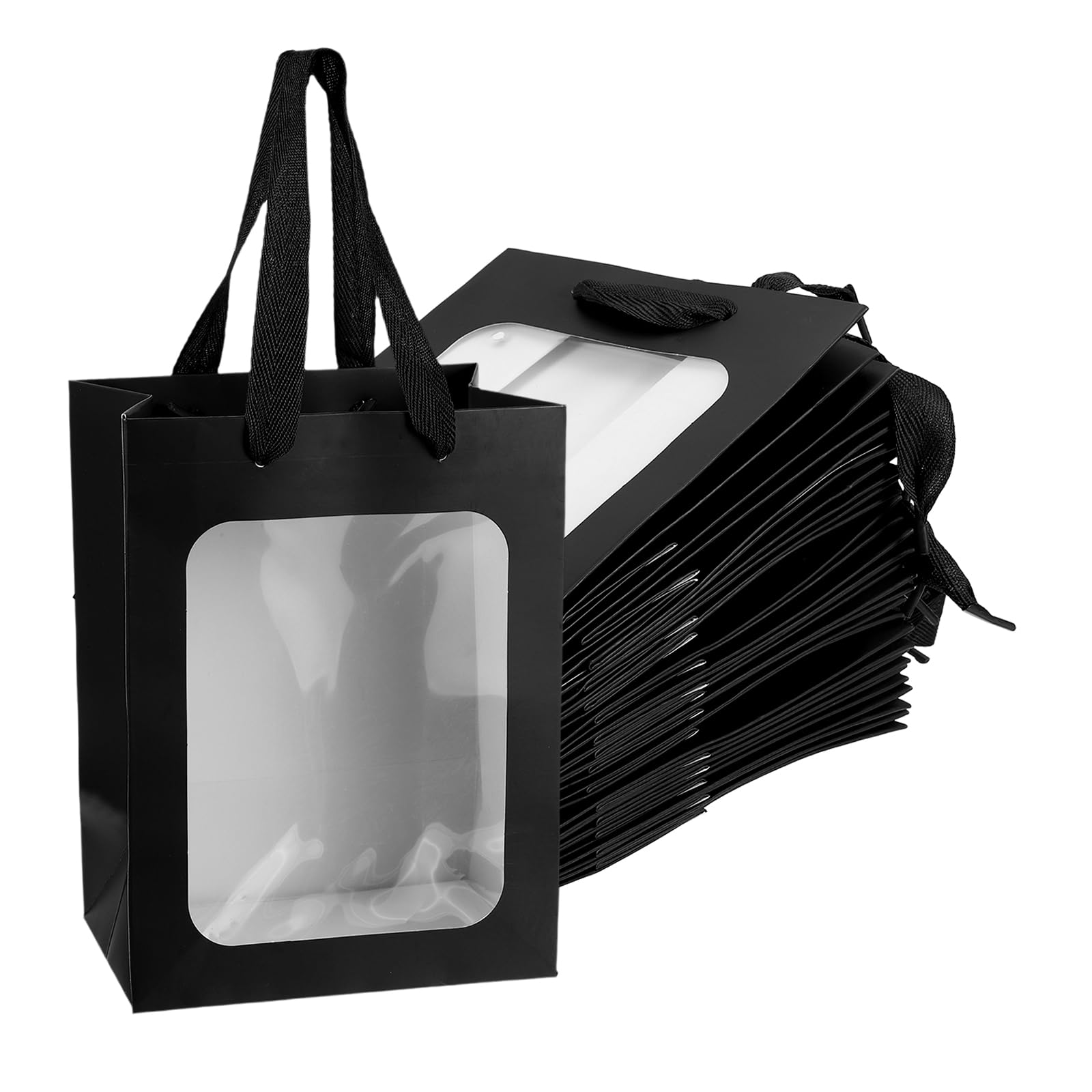 PATIKIL Gift Bags with Clear Window, (15 x 10 x 20cm, Black)(15 Pcs), Mini Gift Wrap Bags with Handles, Suit for Wedding/Birthday/Bridesmaid/Party/Shopping