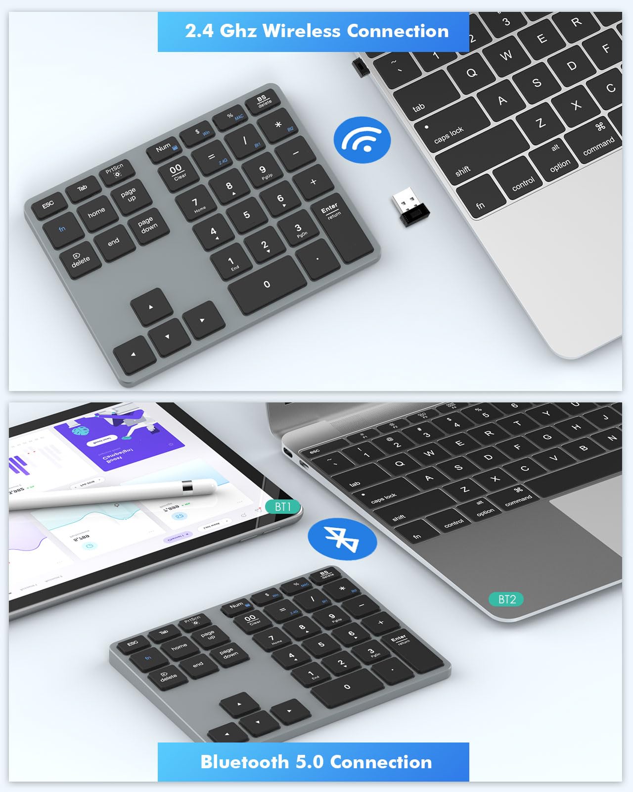MoKo Tastiere Numeriche Bluetooth, Tastiera Wireless Ricaricabile a 35 Tasti, Keypad Wireless Bluetooth 2.4 GHz, Tastierino Numerico Bluetooth per Laptop Computer Tablet MacBook iPad, Grigio Scuro