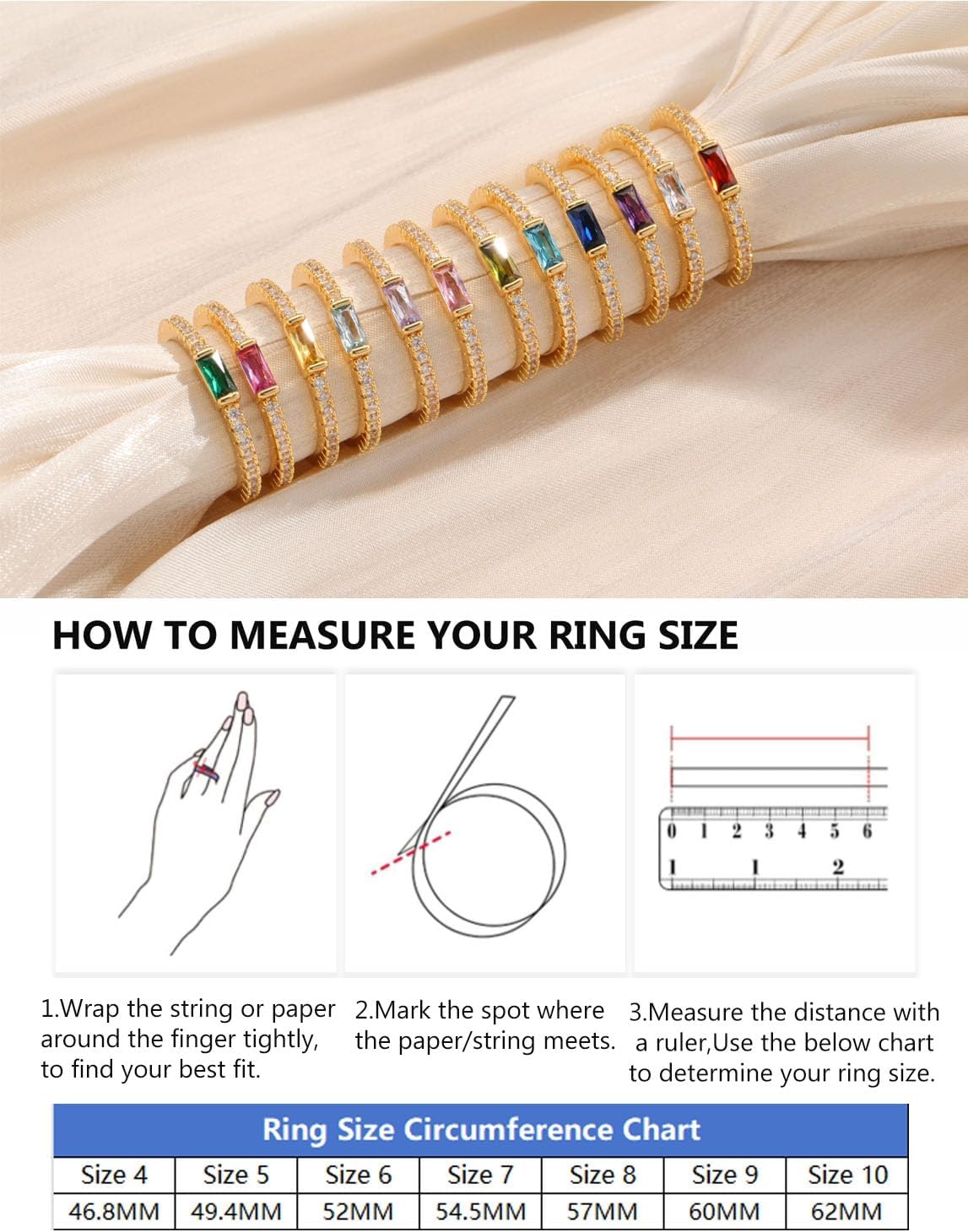 RLMOON Birthstone Gold Rings for Women Non Tarnish 14K Gold Plated Eternity Stackable Rings Dainty CZ Gemstone Engagement Rings Wedding Band Jewelry Gifts Size 4-10