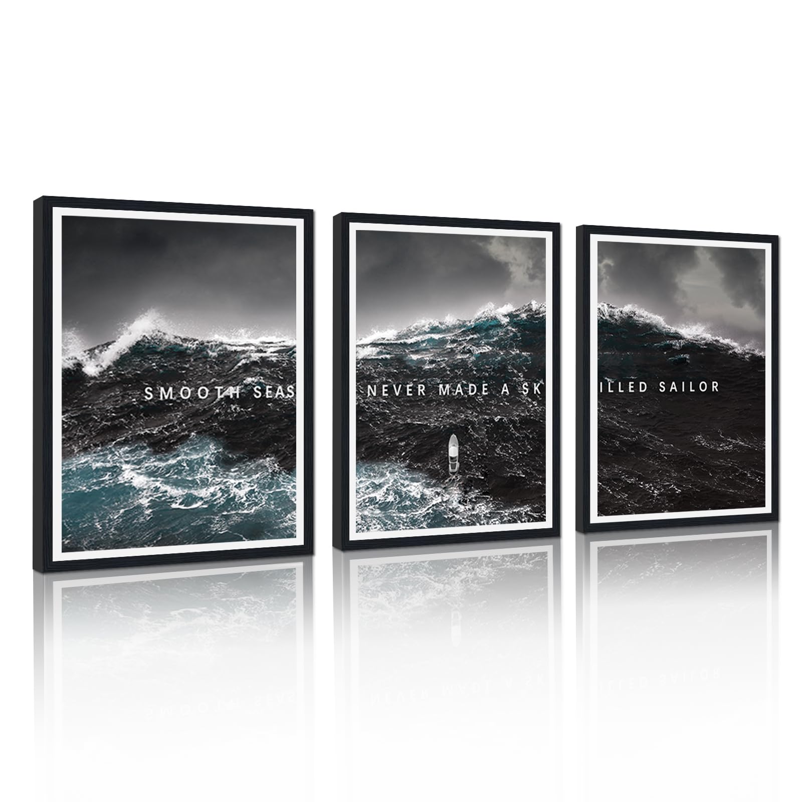 Motivational Framed Canvas Print Wall Art, Smooth Seas Never Made a Skilled Sailor Posters Prints, Modern Entrepreneur Hustle Artwork for Office Home Decor Ready to Hang 12x16inchx3Pcs BLACK