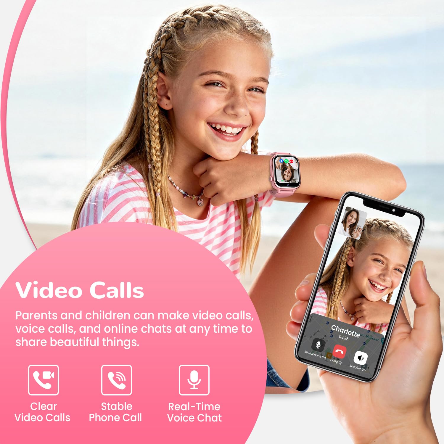 RUXINGX Smartwatch Kinder GPS, Kinderuhr mit Telefon und SOS (Rosa) | HD Videoanruf, Voice Chat, Schulmodus, Wecker, Schlafen, IP68 Wasserdicht, SMS, Schrittzähler, Geschenke für Mädchen Jungen