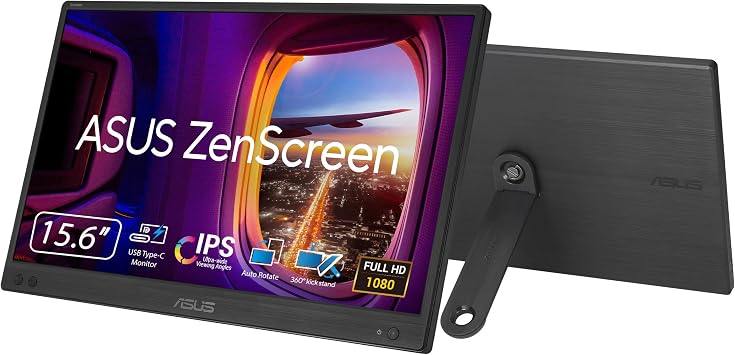ASUS ZenScreen MB166CR Portable USB Monitor- 16 inch 15.6 inch viewable, Full HD, IPS, USB Type-C, Flicker Free, Blue Light Filter, Anti-glare surface, 360  kickstand