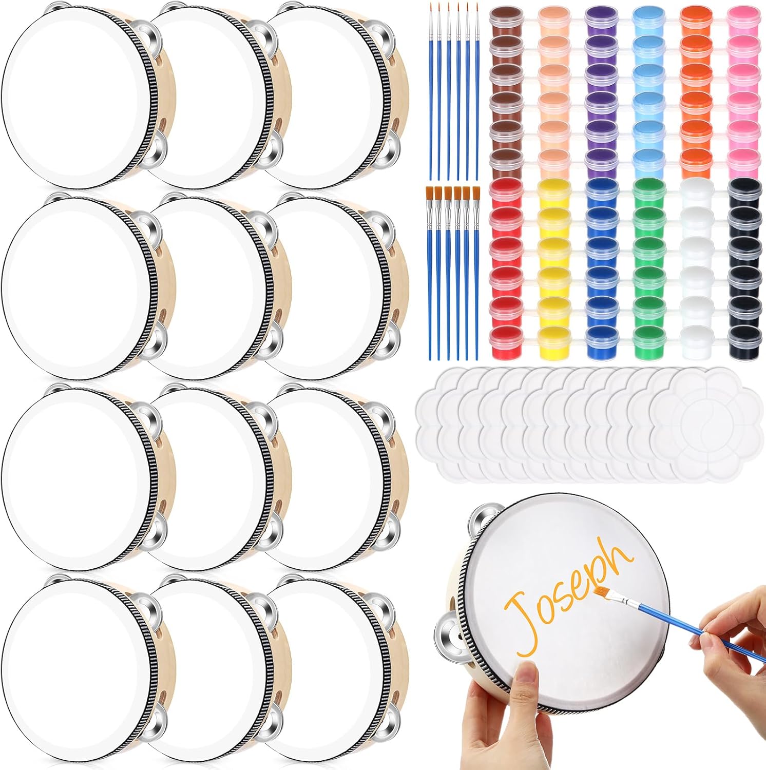 12 Set 6 Inch Tambourine Drum Bulk DIY Tambourine Drum with Acrylic Paints, Paint Brush and Palette, Wood Metal Jingles Instrument Percussion Gift for Church Wedding Party Games