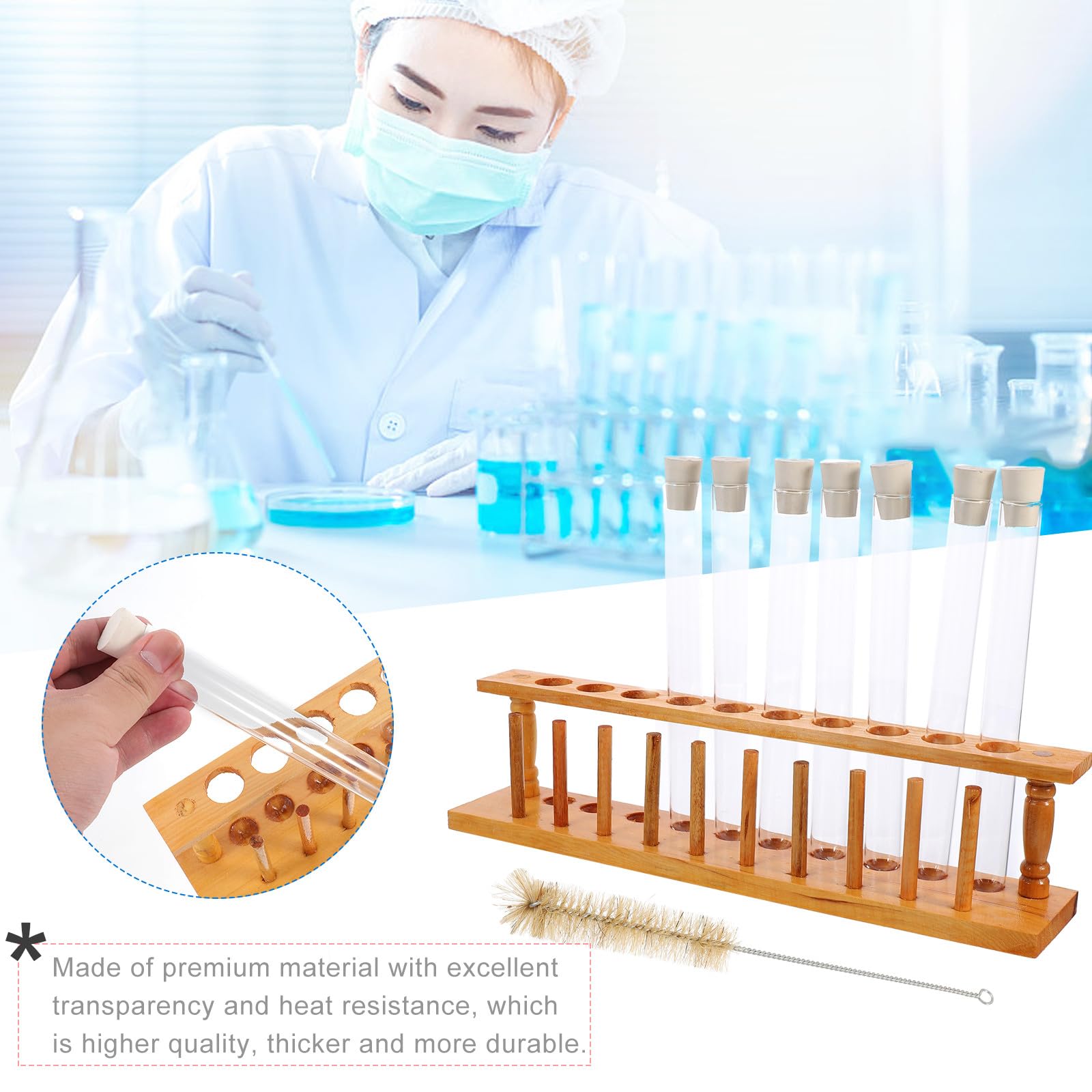 SHERCHPRY Set Portaprovette in Legno 10 Fori con Provette in Vetro con Tappo in Gomma e Spazzola per Pulizia Attrezzatura per Esperimenti Chimici e Laboratorio Supporto Resistente ed