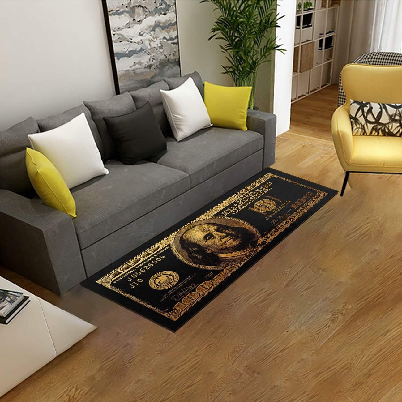 JUST BREATHE Black Gold Rugs 100 Dollar Bill Area Runner Money Nonslip Rubber Backed Laundry Room Rug Floor Mat for Living Room Dining Room Washroom Bathroom Mudroom Kitchen Doormat Hallway 24"X60"