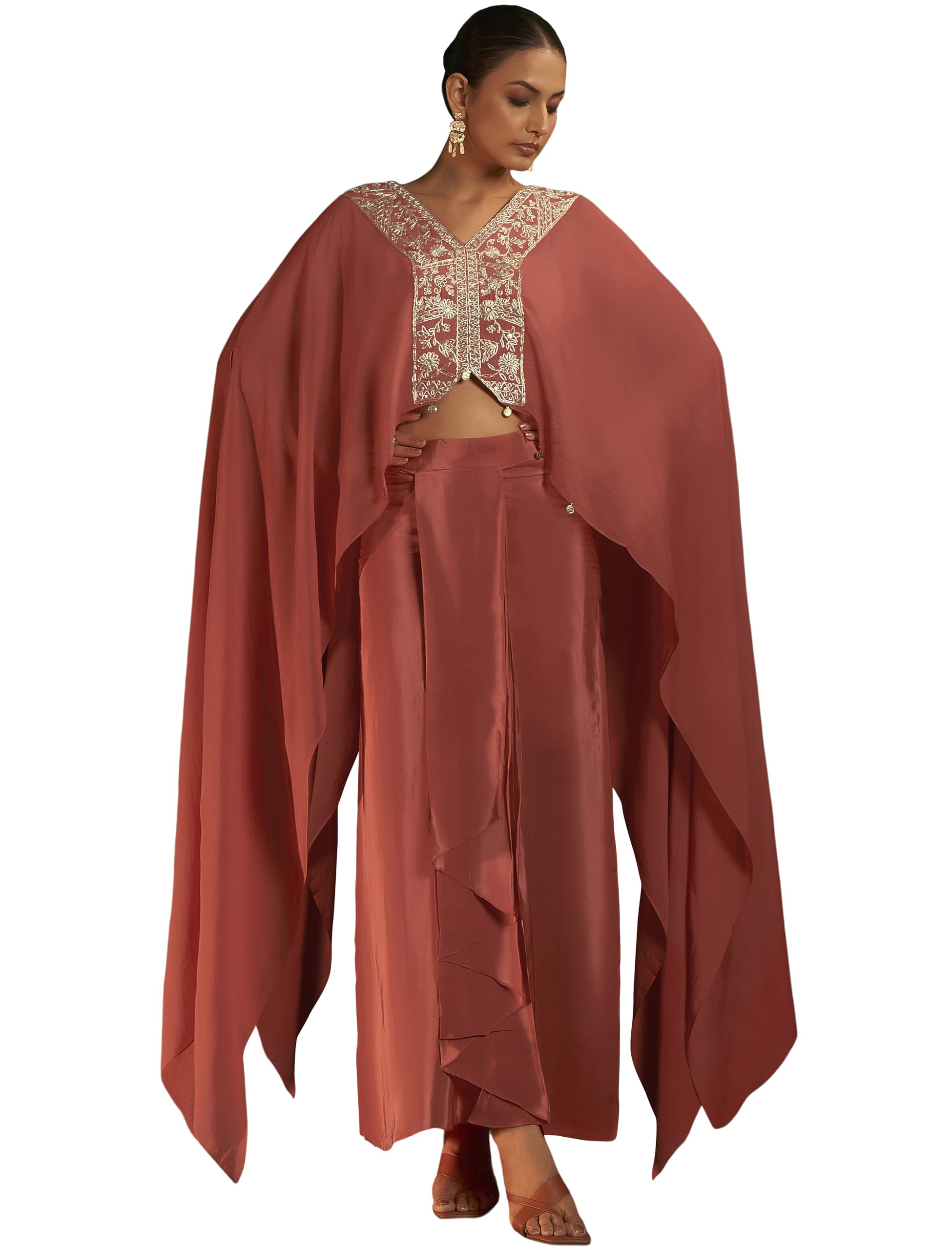Designer Pure Crepe Embroidered Kaftan Crop Top with Stylish Draped Skirt Set for Women l Sequin Detailing Kaftan Cape Co-ord Set l Ethnic Gatherings, Cocktail Events Wear