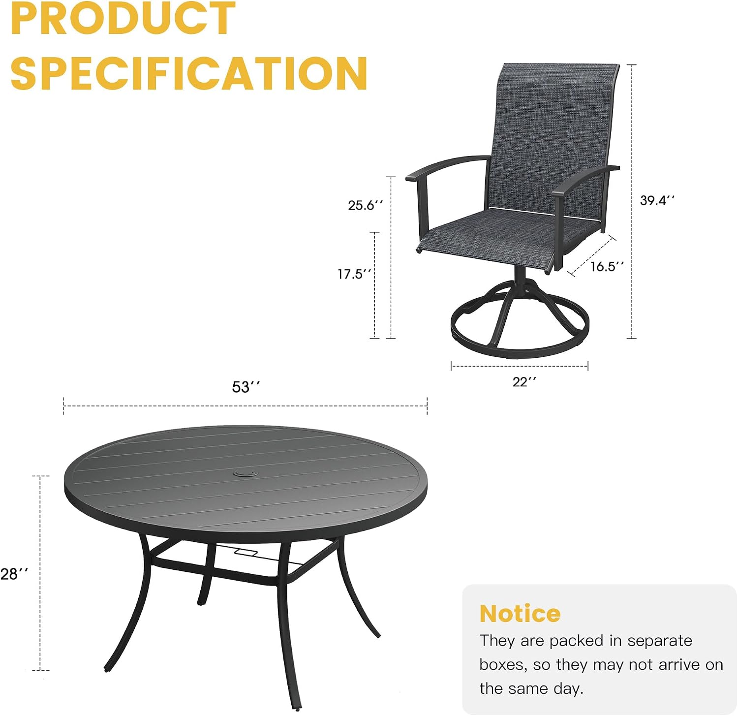 VICLLAX 7 Pieces Patio Dining Set, Outdoor Dining Set for 6-53" Round Outdoor Table and Swivel Patio Chair Set for Deck, Lawn and Garden, Black Table and Blue Chairs