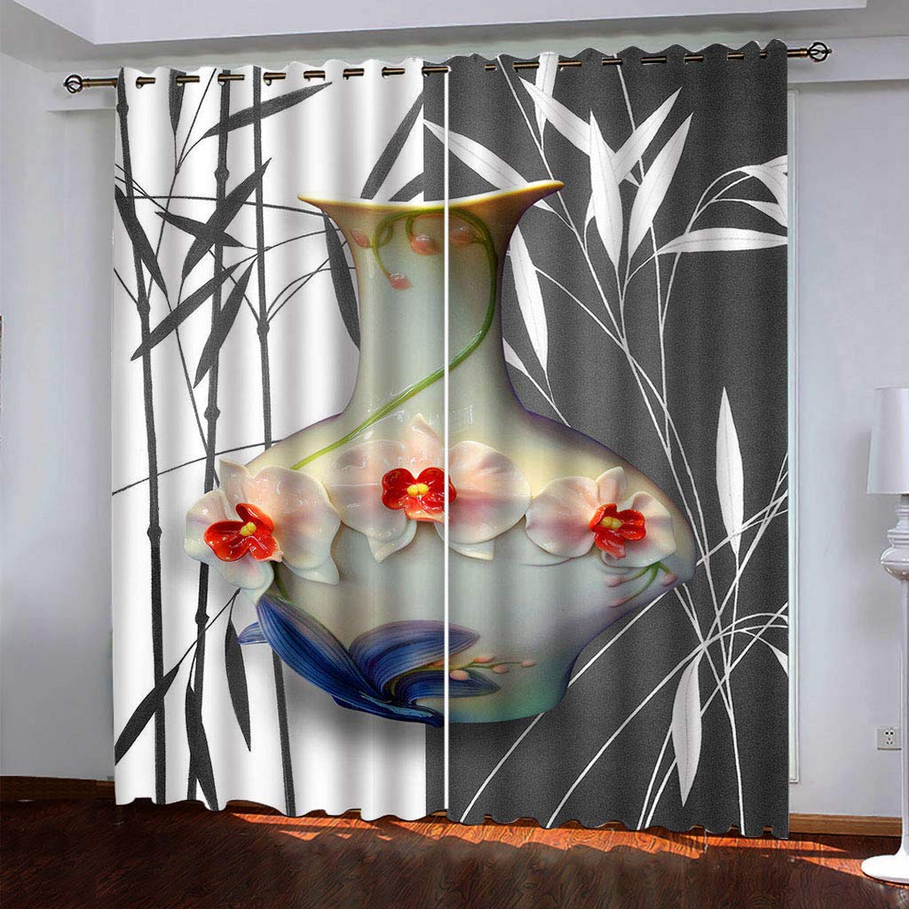 Cortinas Niño Niña Habitacion Opacas Con Ojales 2 Piezas 3D Flores, Pájaros Y Bambú En Blanco Y Negro. Patrón 234X230Cm（An X Al）Cortinas Termicas Aislantes Frio Y Calor Salón Dormitorio Ventana Dec