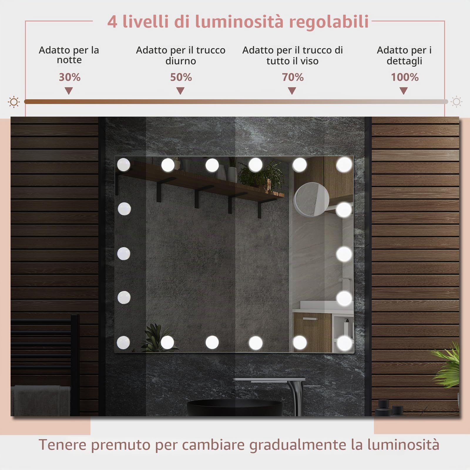 HOMASIS Specchio Trucco con 18 Luci LED Dimmerabili, 62,5x51 cm, Specchio per Trucco con 3 Colore, Specchio da Cosmetico con Controllo Touch e Ingranditore, Illumizione da Tavolo e da Parete
