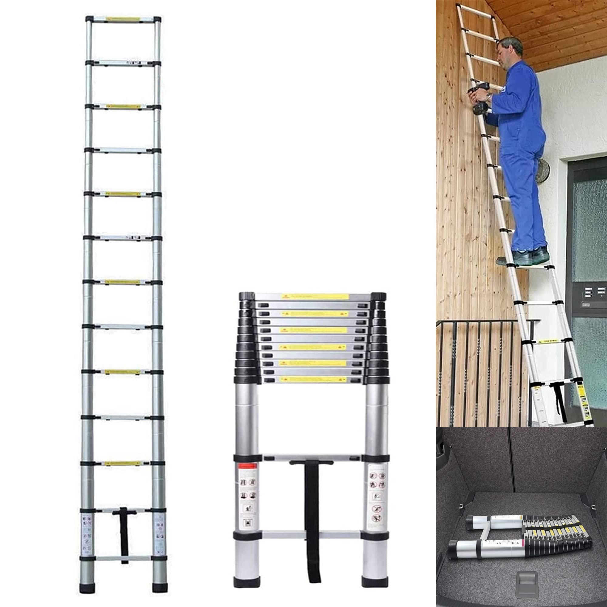 DICN 3.8 Meter Heavy Duty Collapsible Ladder Aluminum Alloy Telescopic Extension Portable Straight Extendable Steps, Max Load 150kg/330lb, for Home Loft RV Ladder โ image 1