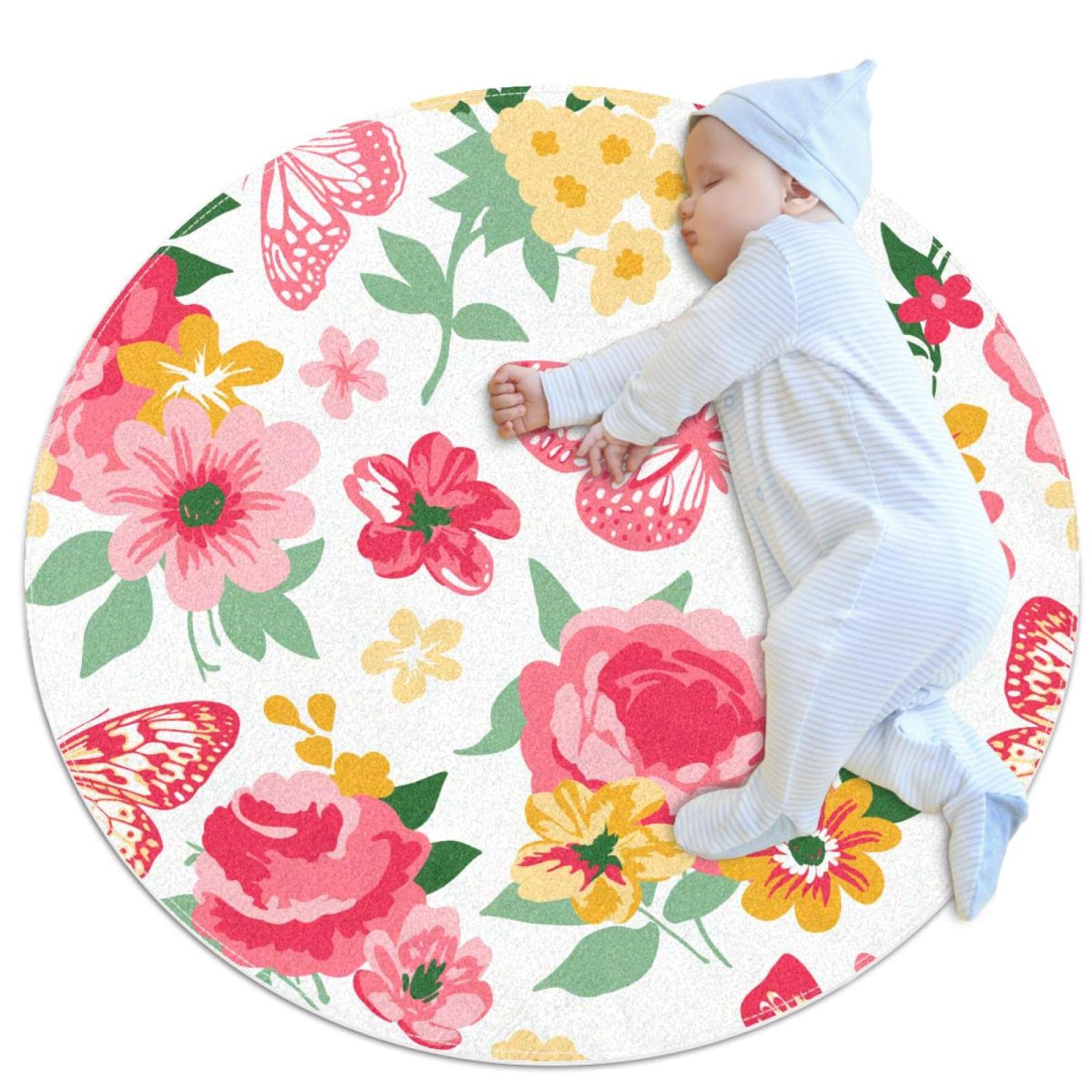 Tapis rond rose antidérapant aux motifs de fleurs et papillons 100cm