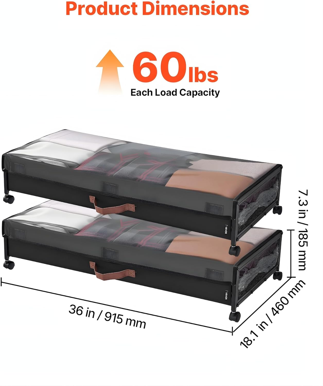 60lbs Capacity Underbed Storage with Wheels, 2-Pack Clear Rolling Bins for Clothes & Shoes, 36” Under Bed Organizer Container with Transparent Lid