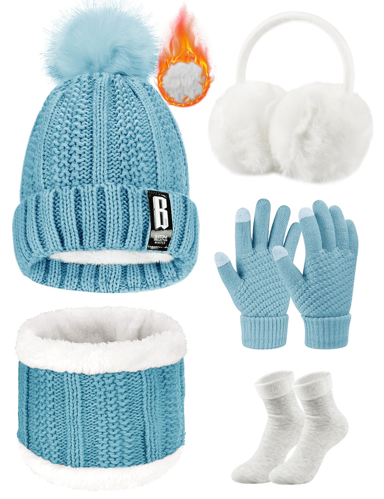 Tuopuda Gorro Bufanda Guantes Set para Mujer Gorro de punto Bufandas Guantes de Pantalla Táctil Orejeras de Invierno de Calentadores Suaves Calcetines Invierno Regalos Conjunto para Mujer