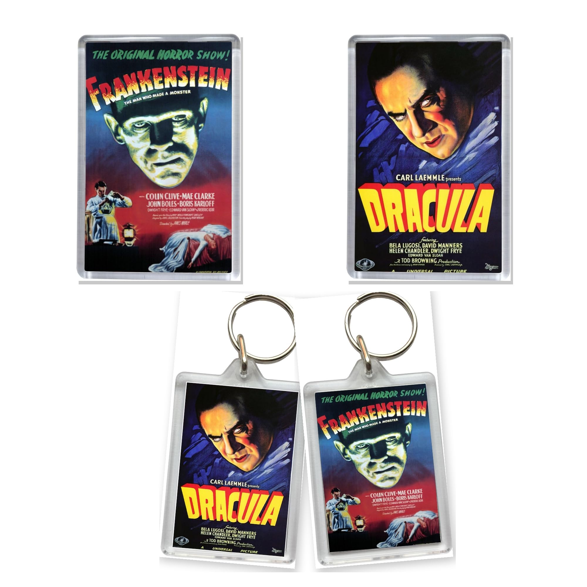 Legendary Dracula and Frankenstein Classic Movie Fan Set X2 Magnets and Keyring