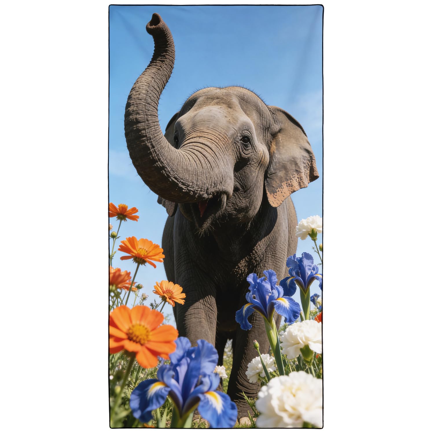 Violetpos Elephant in Irises & Cosmos Beach Towel, Extra Large 180x90 cm 250GSM Microfibre, Sand Free Quick Dry, Ideal Vacation Gifts with Carry Bag for Pool Cruise Camping