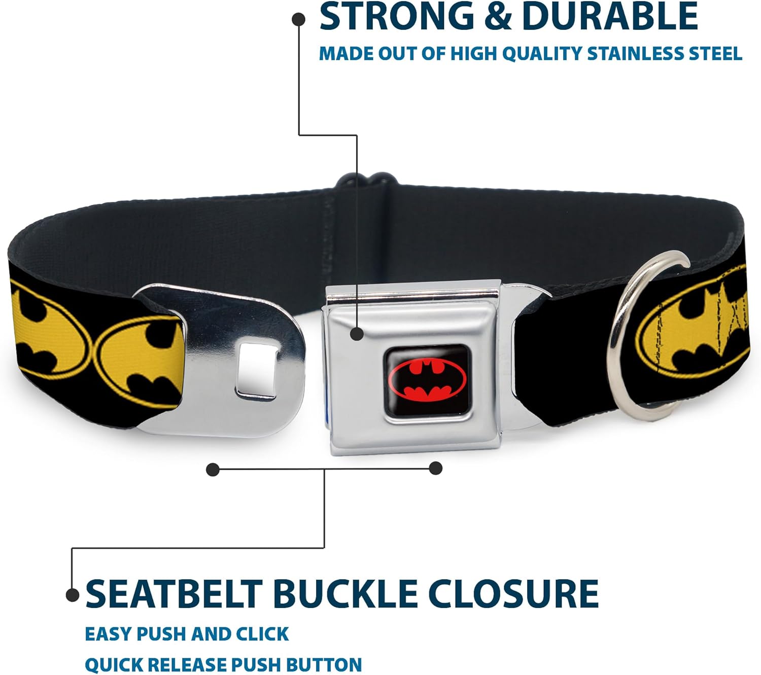 Buckle-Down Seatbelt Buckle Dog Collar - Bat Signal-3 Black/Yellow/Black - 1" Wide - Fits 11-17" Neck - Medium