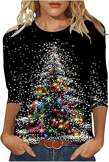 Christmas Shirts for Women Colorful Tree Print 3/4 Sleeves Festive Glitter Holiday Vibrant Tops Winter 2025 Casual