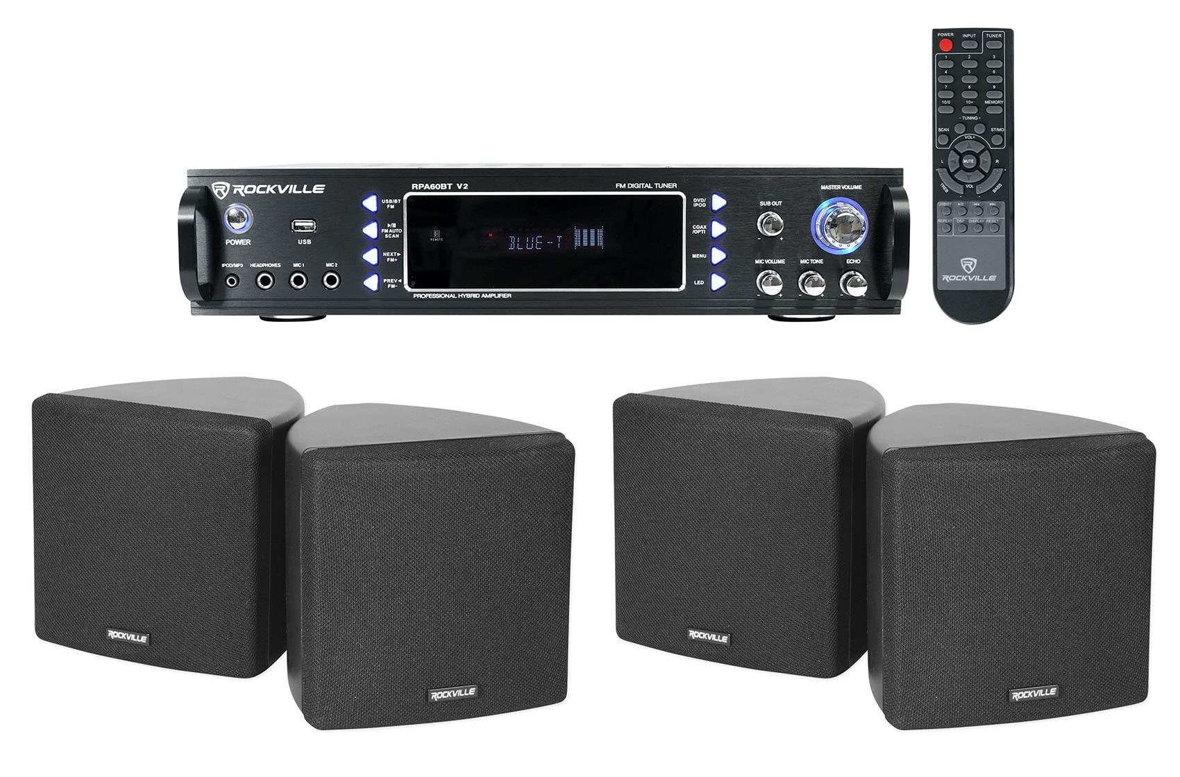 Rockville 1000 Watt Home Theater Bluetooth Receiver+(4) 3.5" Black Cube Speakers
