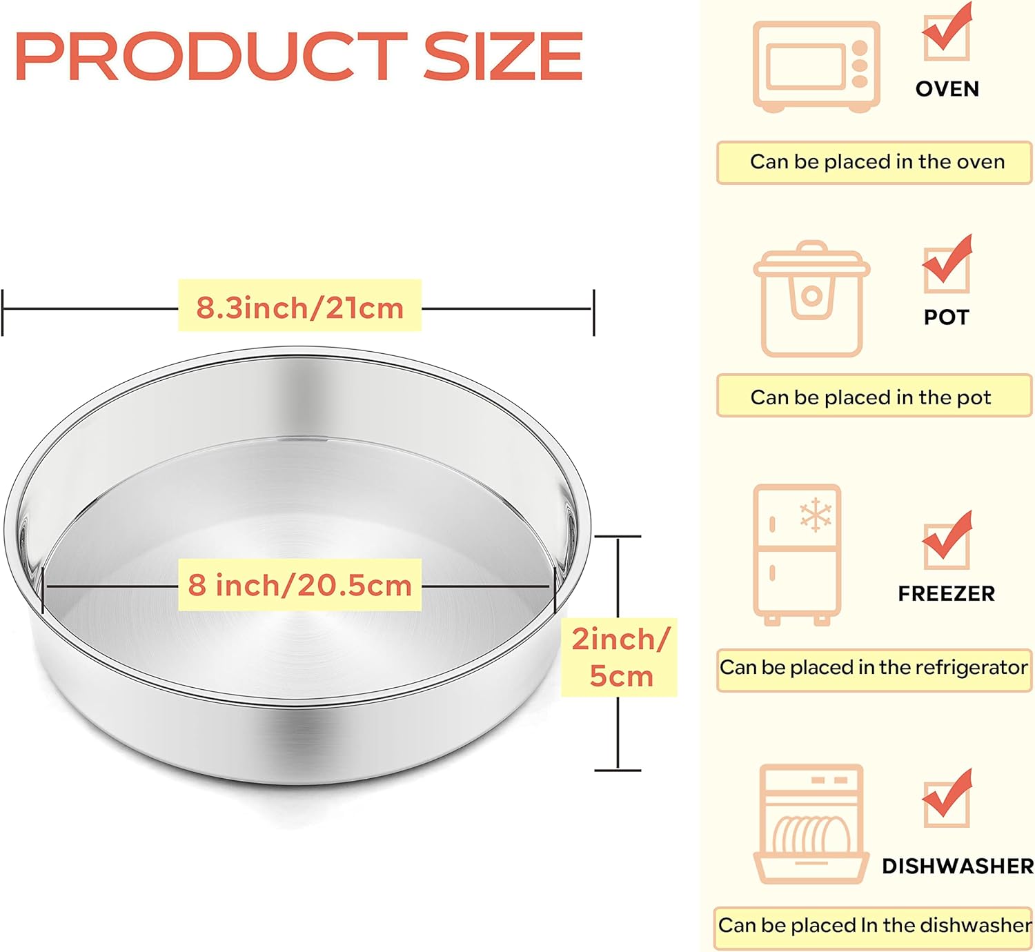 Herogo 8 Inch Round Cake Pan Set of 3, Stainless Steel Nonstick Layer Tier Birthday Wedding Cake Pans, Fit Oven Pots Pressure Cooker, Mirror Finish, Dishwasher Safe - Image 2