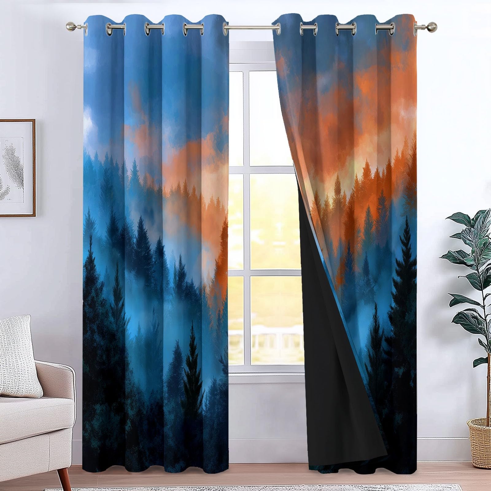 Generico Zasłony okienne, 110 x 215 cm, zaciemniające, do sypialni, salonu, zasłony dla dzieci, chłopców i dziewcząt, anime wschód słońca mglisty las, 2 sztuki